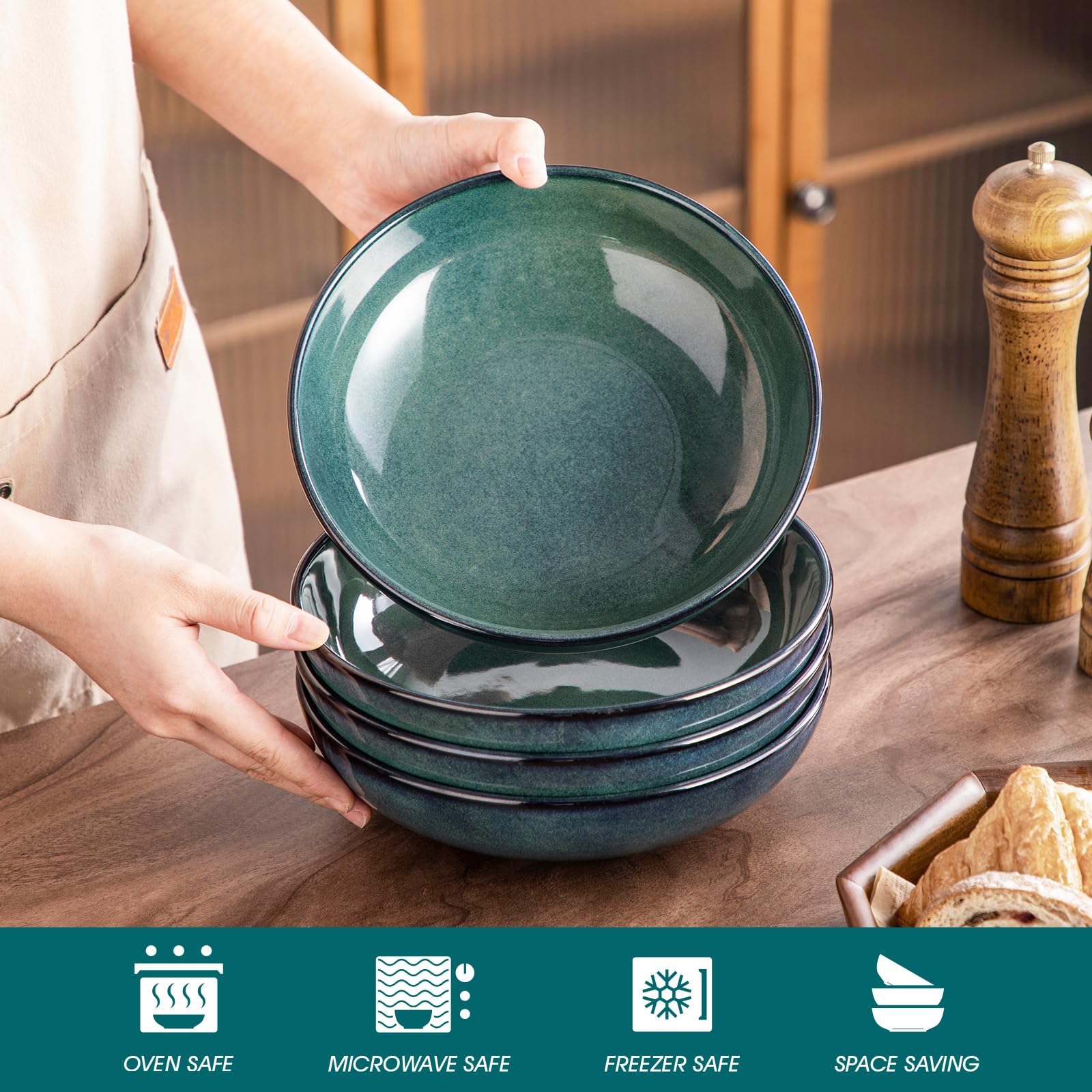 vancasso Stern 38 oz Ceramic Pasta Bowl Set of 4 – Green Serving Bowls