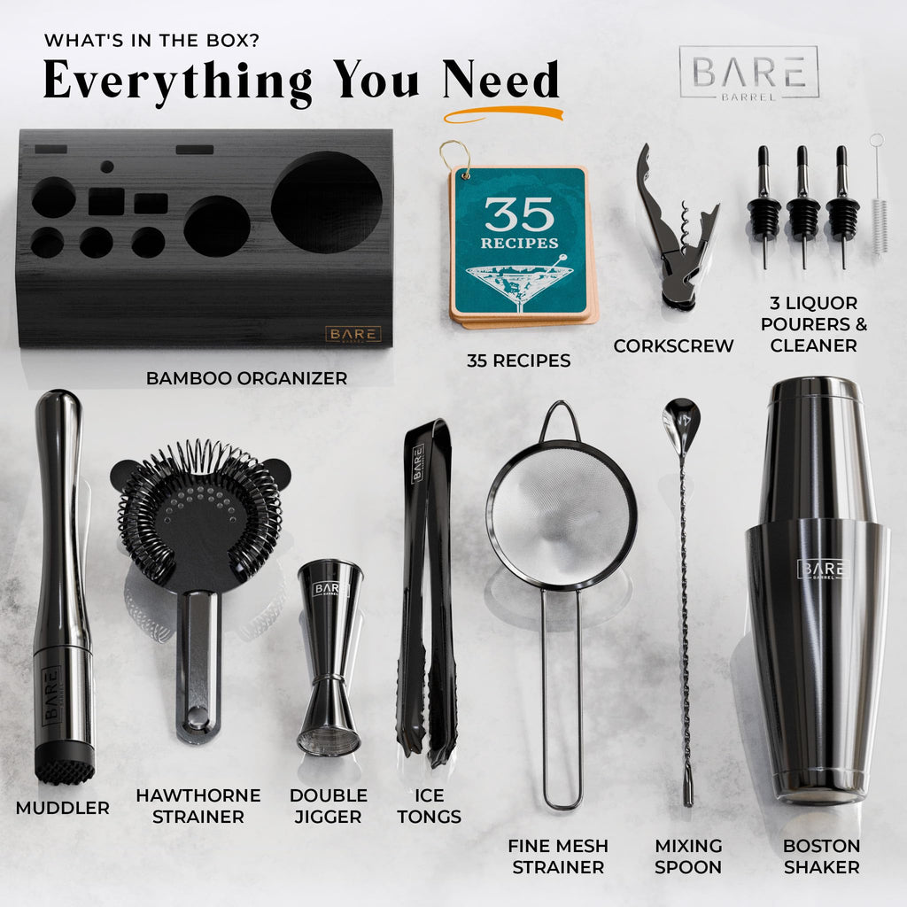 Bare Barrel 14-Piece Cocktail Making Kit with Bamboo Stand & Recipes