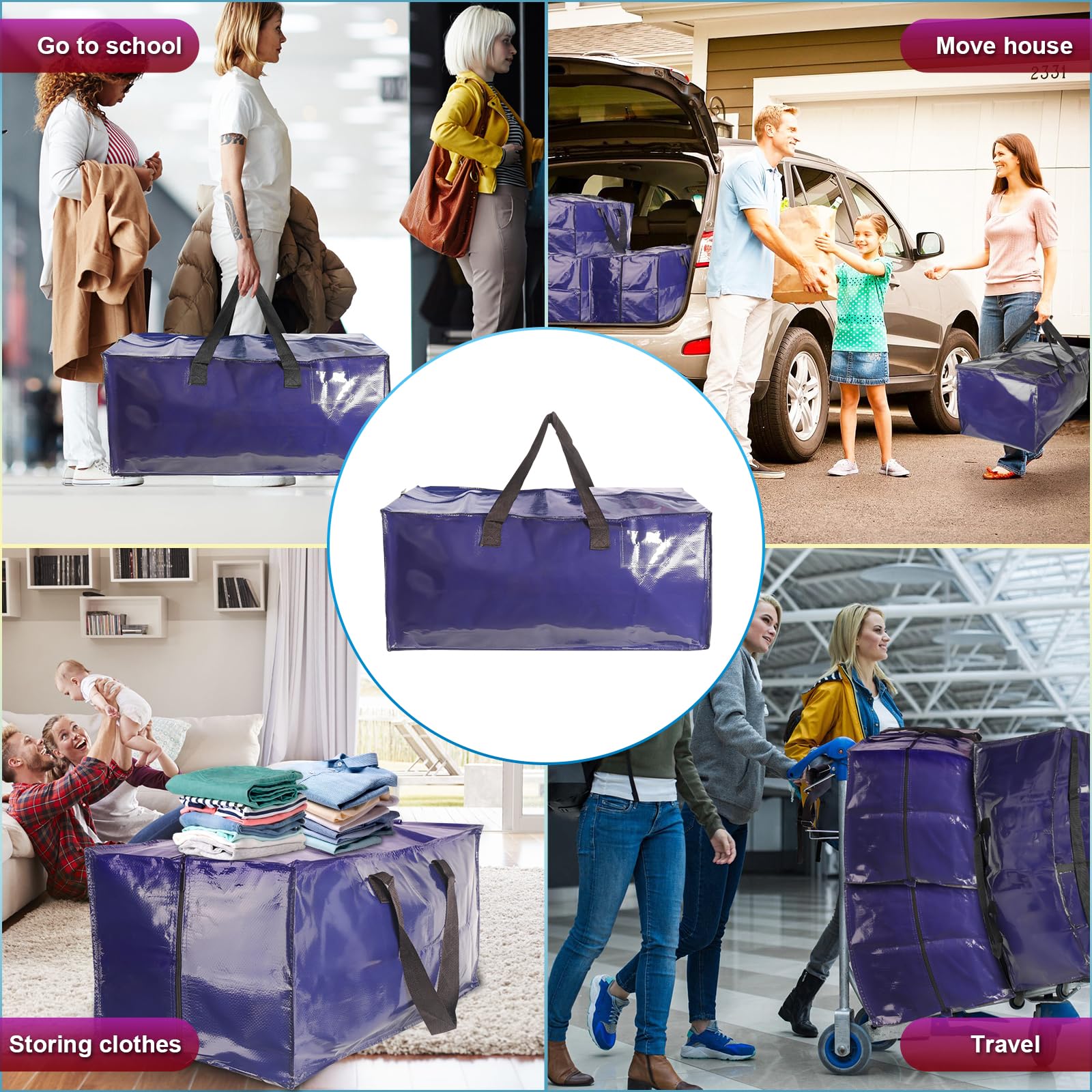 ZIZINET Extra Large Moving Bags – 90L Heavy Duty Storage Totes, 6 Pack
