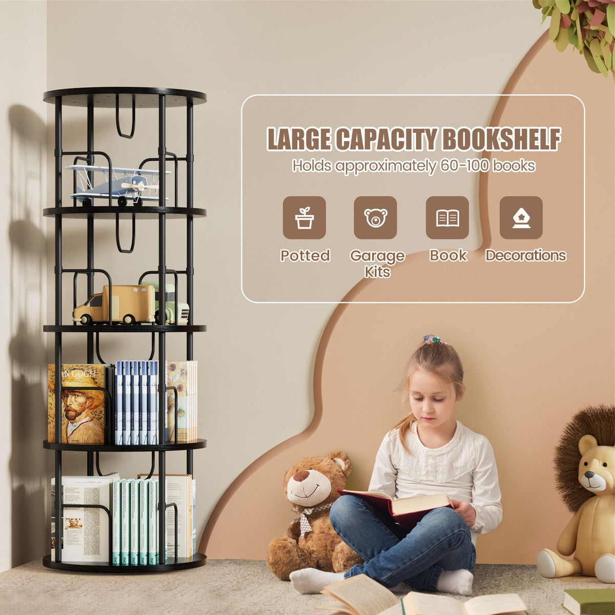 OCTORO 4 Tier Rotating Bookshelf, 360° Corner Bookshelf Tower, Round Revolving Bookcase with Adjustable Levels, Spinning Book Shelf for Home Office - image 5