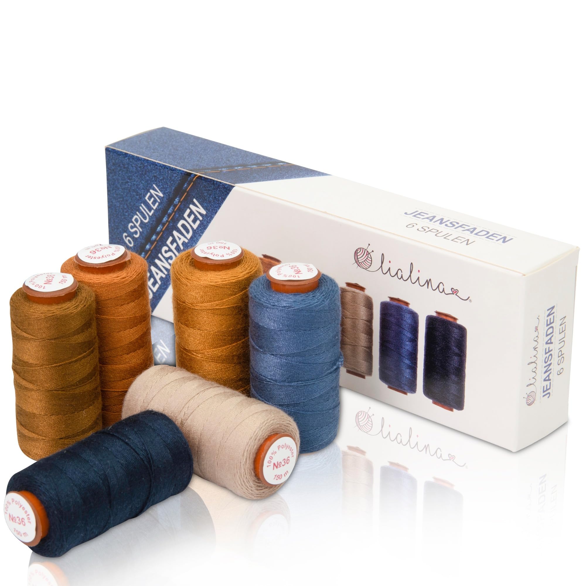 Lialina Denim Jeans Sewing Thread Set – Extra Strong No. 36 Polyester – 6 Pack