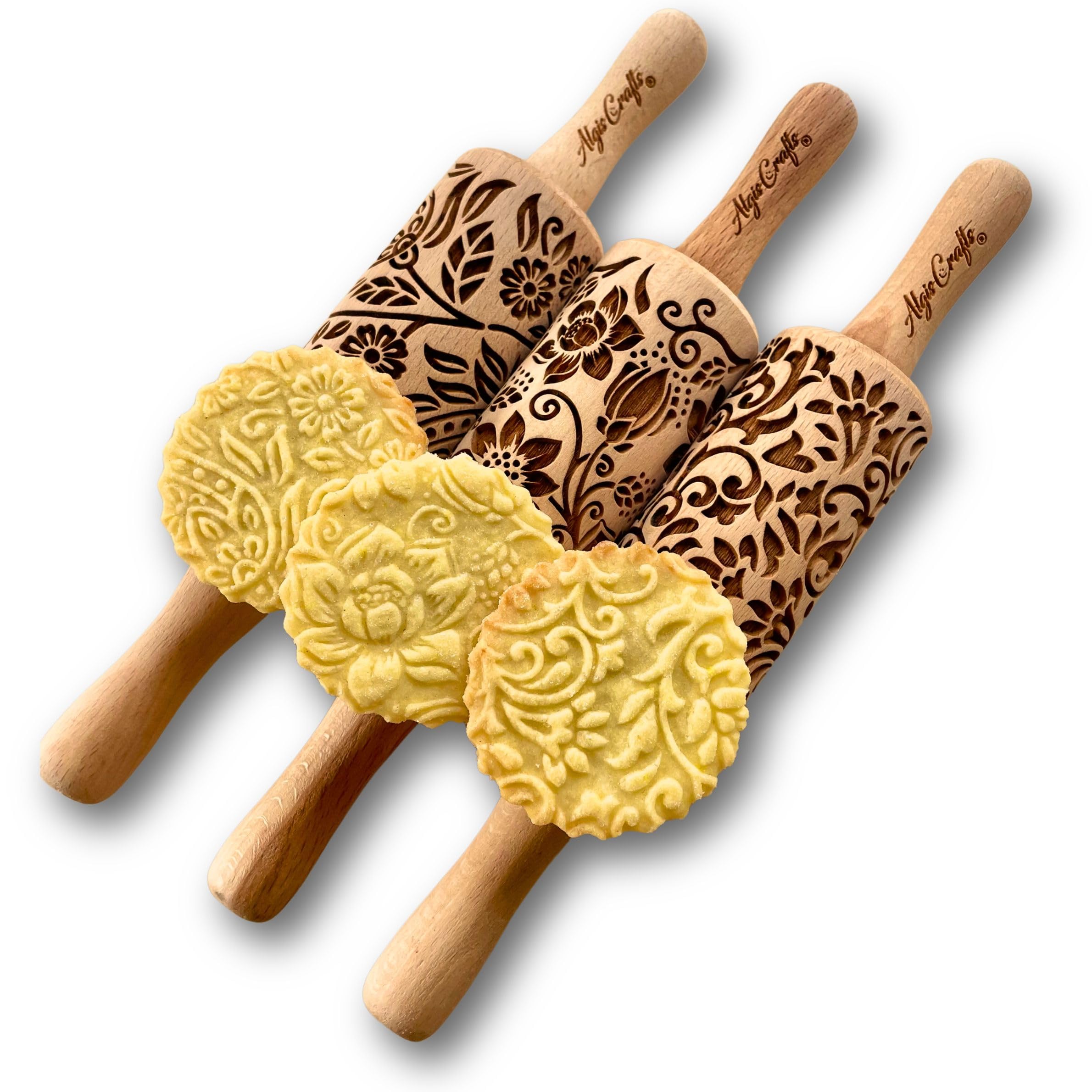 3-Piece Kids Mini Embossed Rolling Pin Set – Beech Wood Patterns