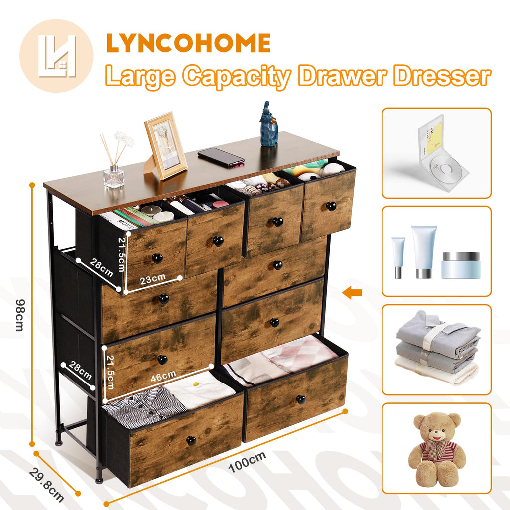 LYNCOHOME 10 Drawer Fabric Dresser – Rustic Brown Storage Chest