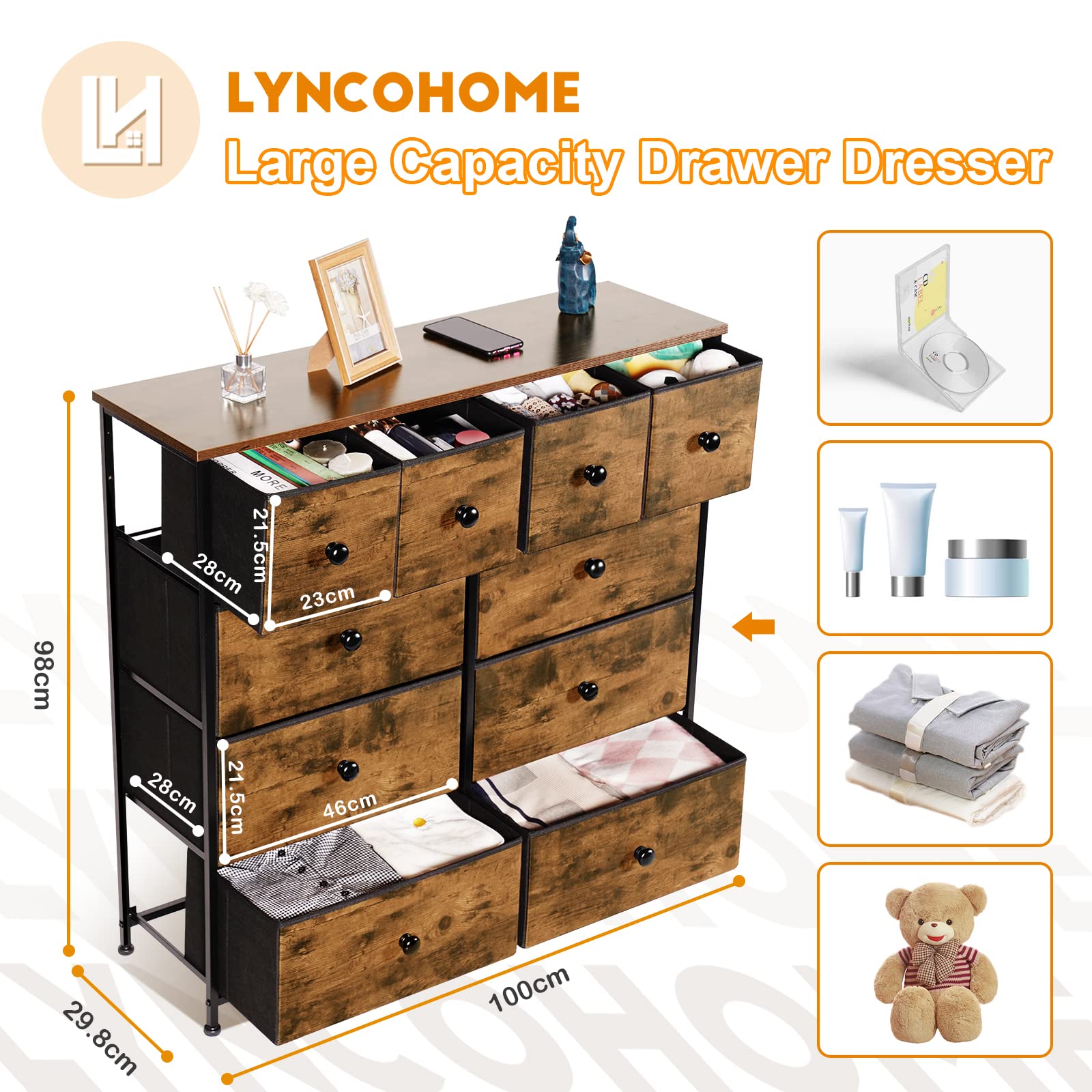 LYNCOHOME 10 Drawer Fabric Dresser – Rustic Brown Storage Chest