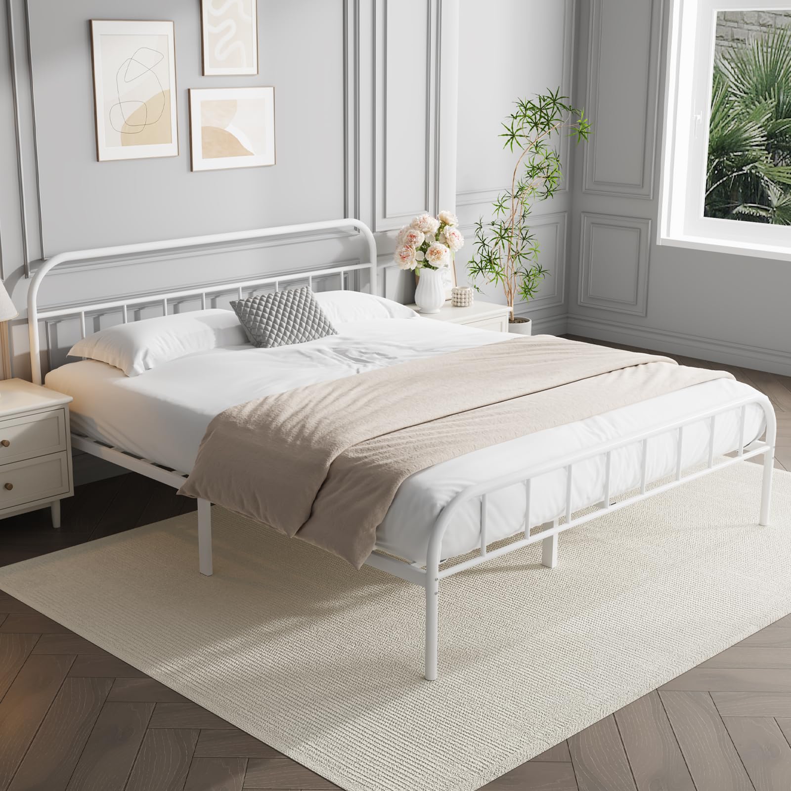 King Metal Bed Frame – White Steel with Under-Bed Storage