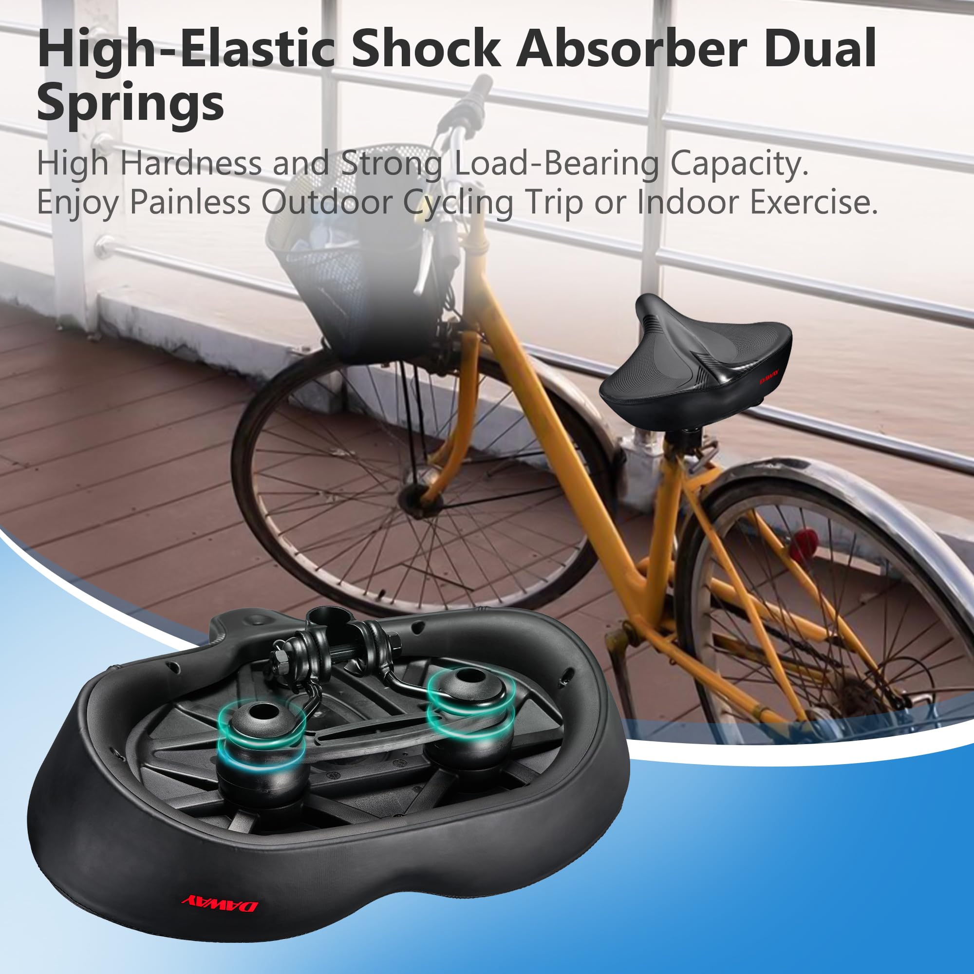 DAWAY W60 Extra Wide Bike Seat – Memory Foam Shock Absorbing Saddle
