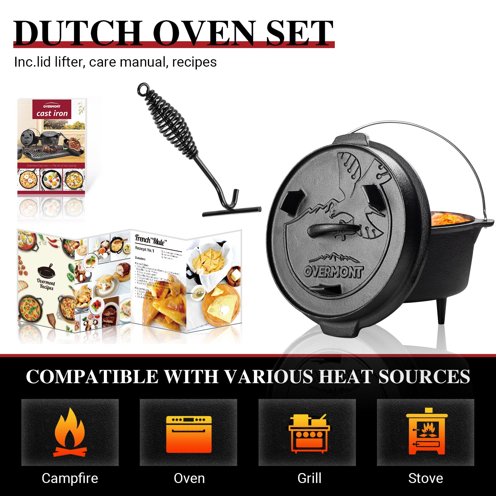 Overmont 6 Quart Cast Iron Dutch Oven | Pre-Seasoned Pot with Lid Griddle