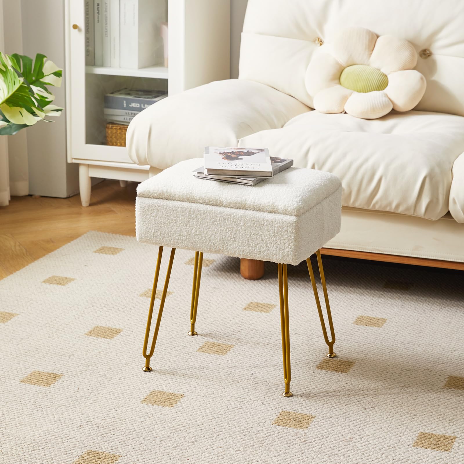 YMYNY Teddy Velvet Storage Ottoman | Modern Upholstered Footstool with Metal Legs