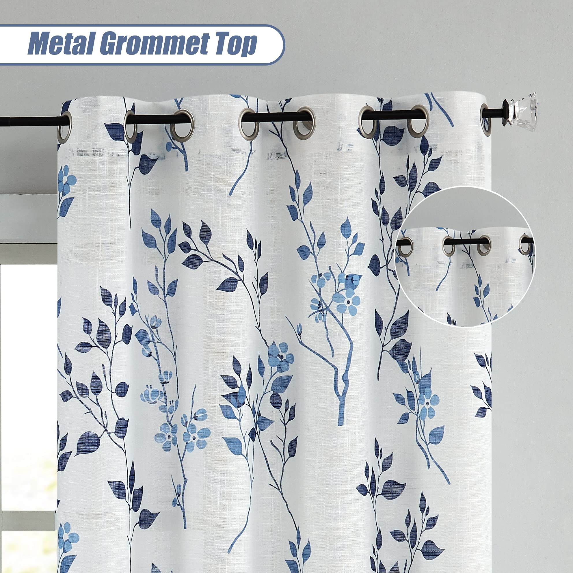 Beauoop Navy Blue Floral Semi Sheer Curtains – Linen Textured 2 Panels