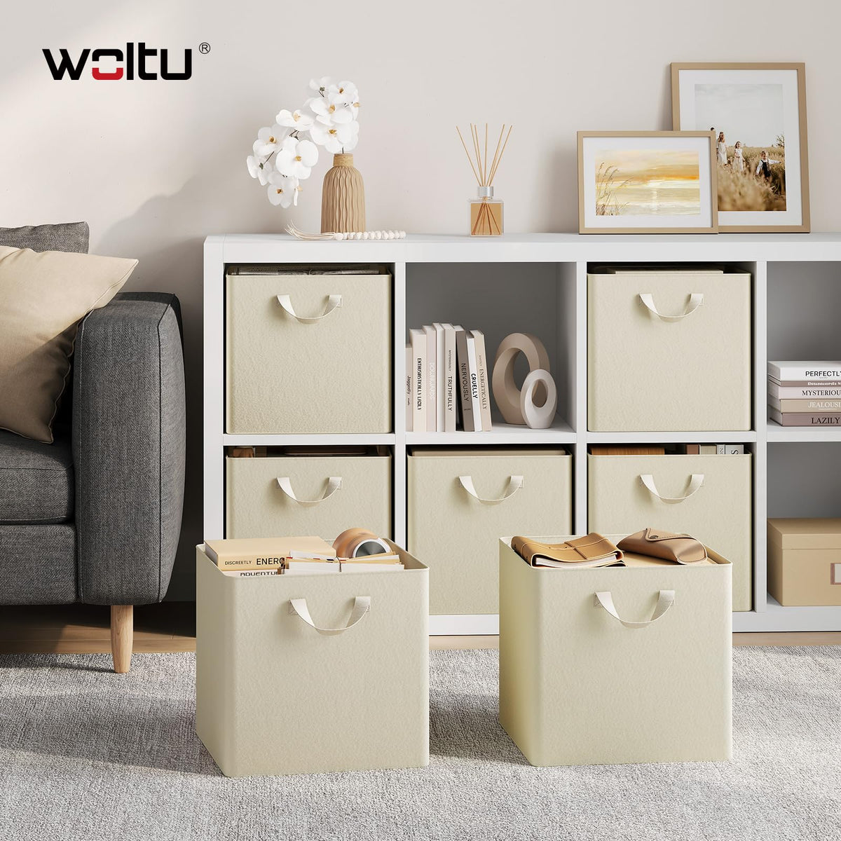 WOLTU Fabric Storage Boxes Set of 5, Collapsible Cube Baskets with Handles and Metal Frame, Wardrobe Organisers for Bedroom, Living Room, Study - image 2