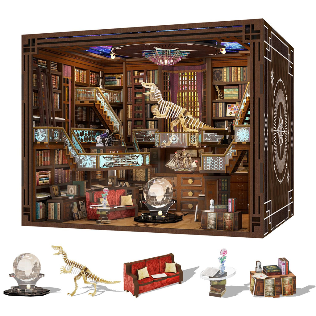 Minicity Book Nook Kit – DIY 3D Wooden Puzzle Library with LED Light
