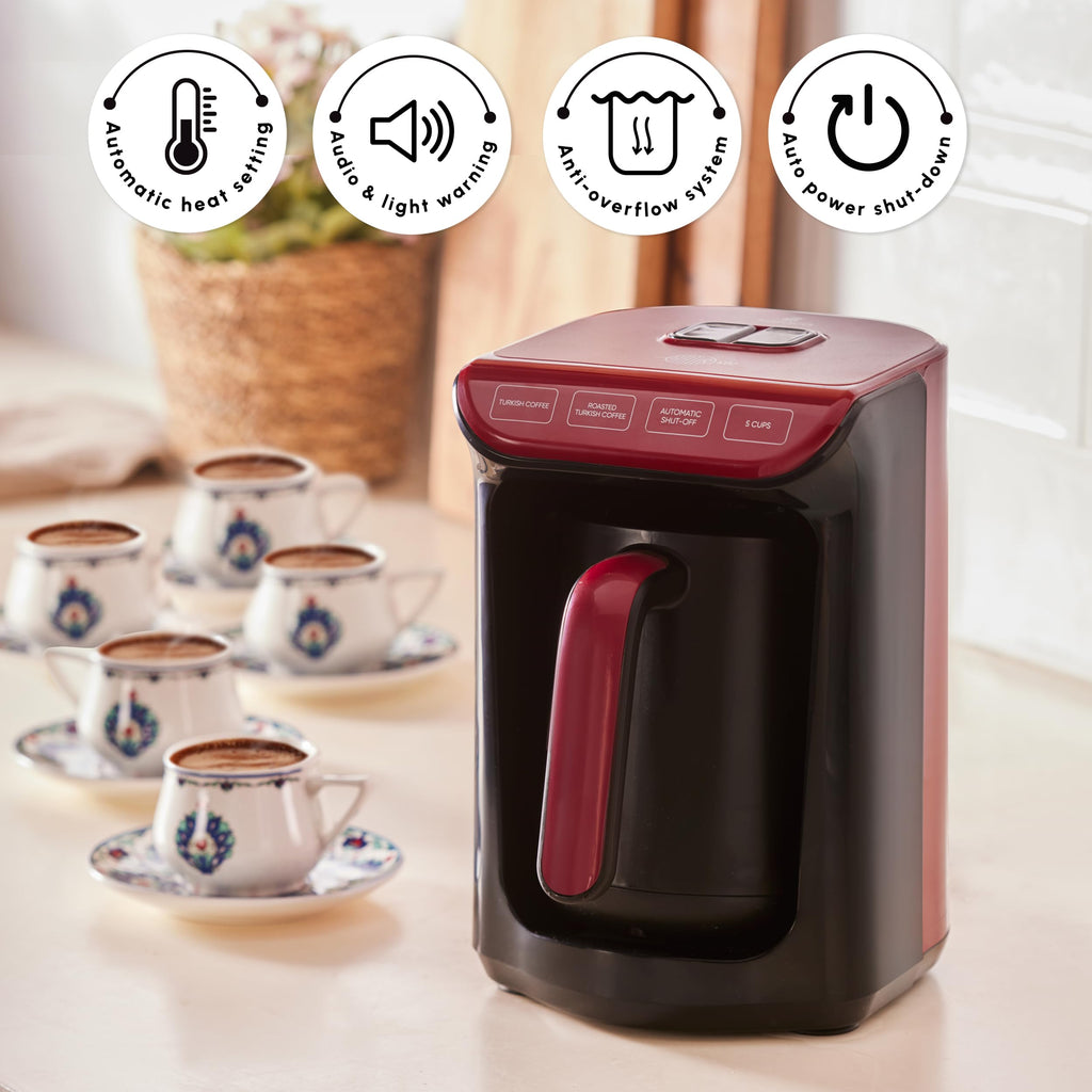 Karaca Hatir Köz Turkish Coffee Machine - 5 Cup Automatic Maker, Red