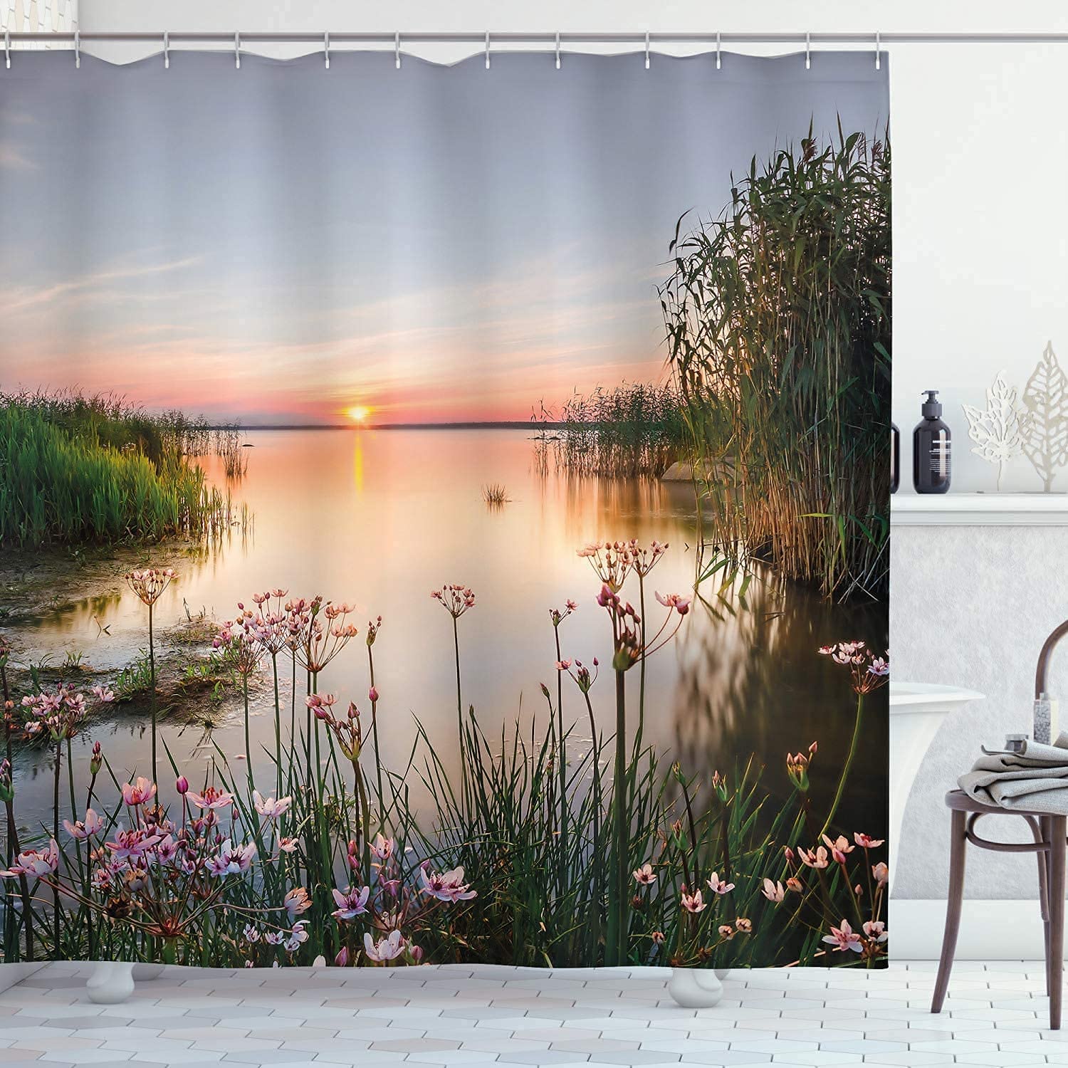 JIANGLANY Nature Sunset Lake 3D Shower Curtain | 80x80 Polyester