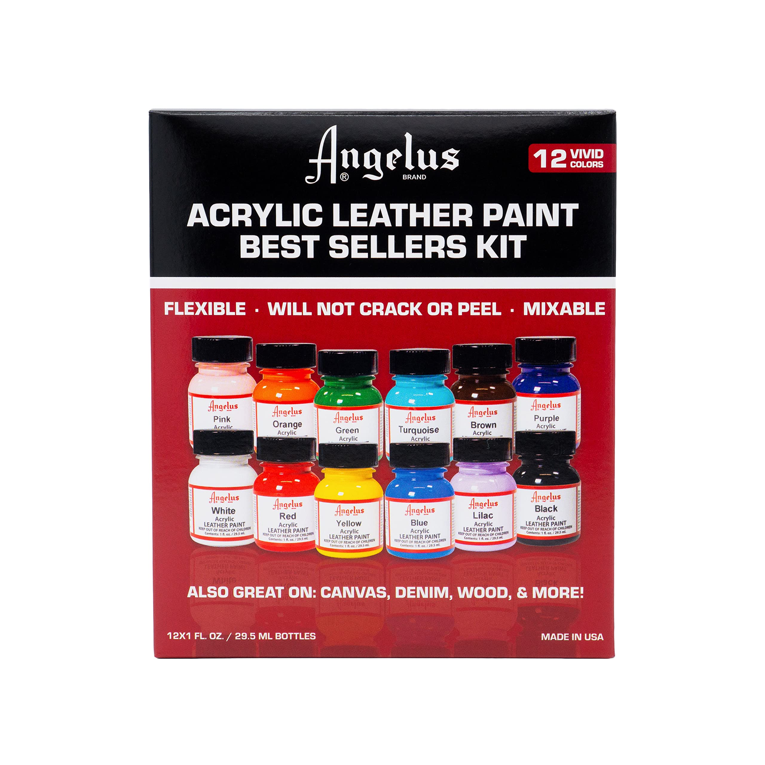Angelus Acrylic Leather Paint Set - 12 Colors, 1 oz Jars for Shoes