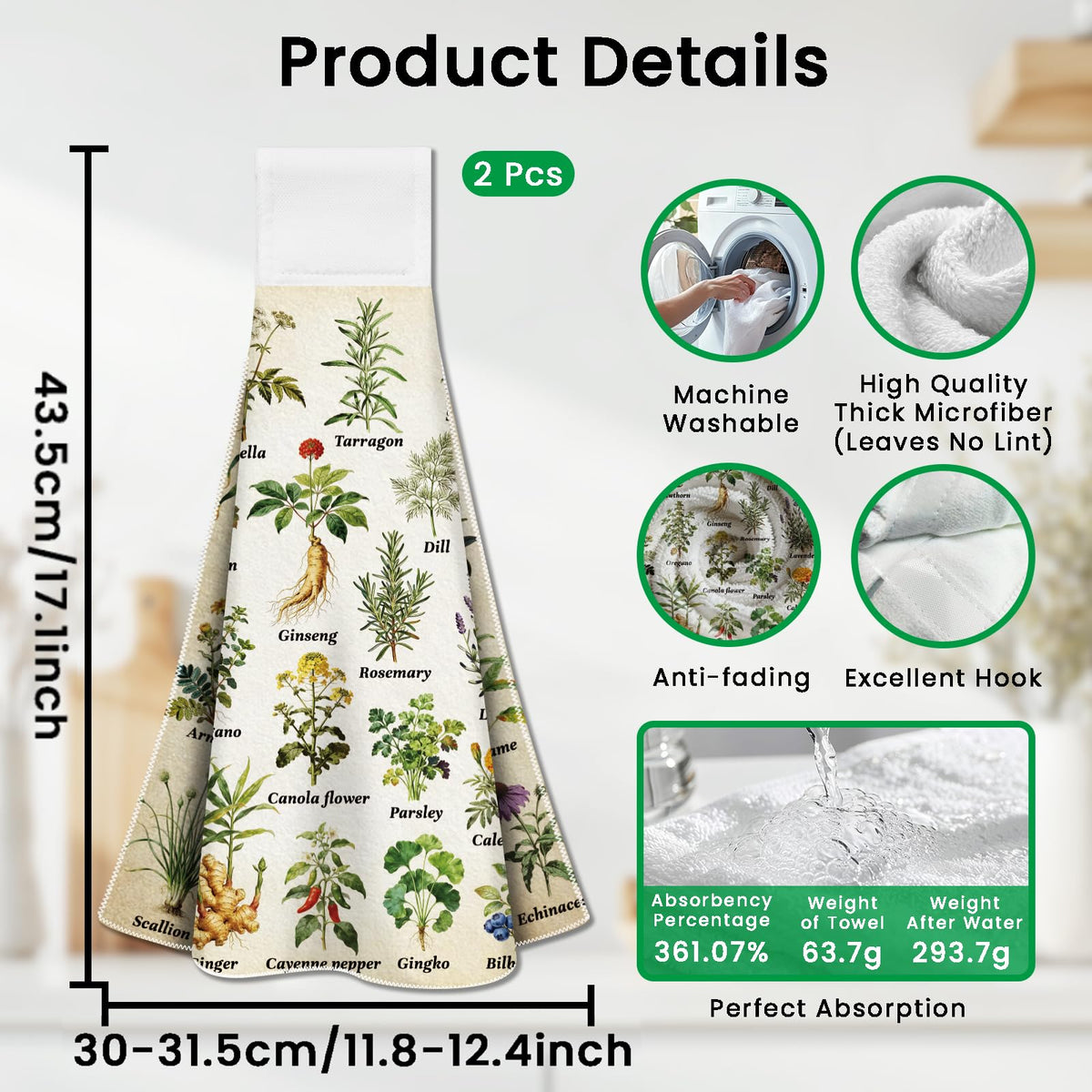 CUTHOLLOW 2 Pcs Herb and Vegetable Hanging Kitchen Towels with Loop - image 2