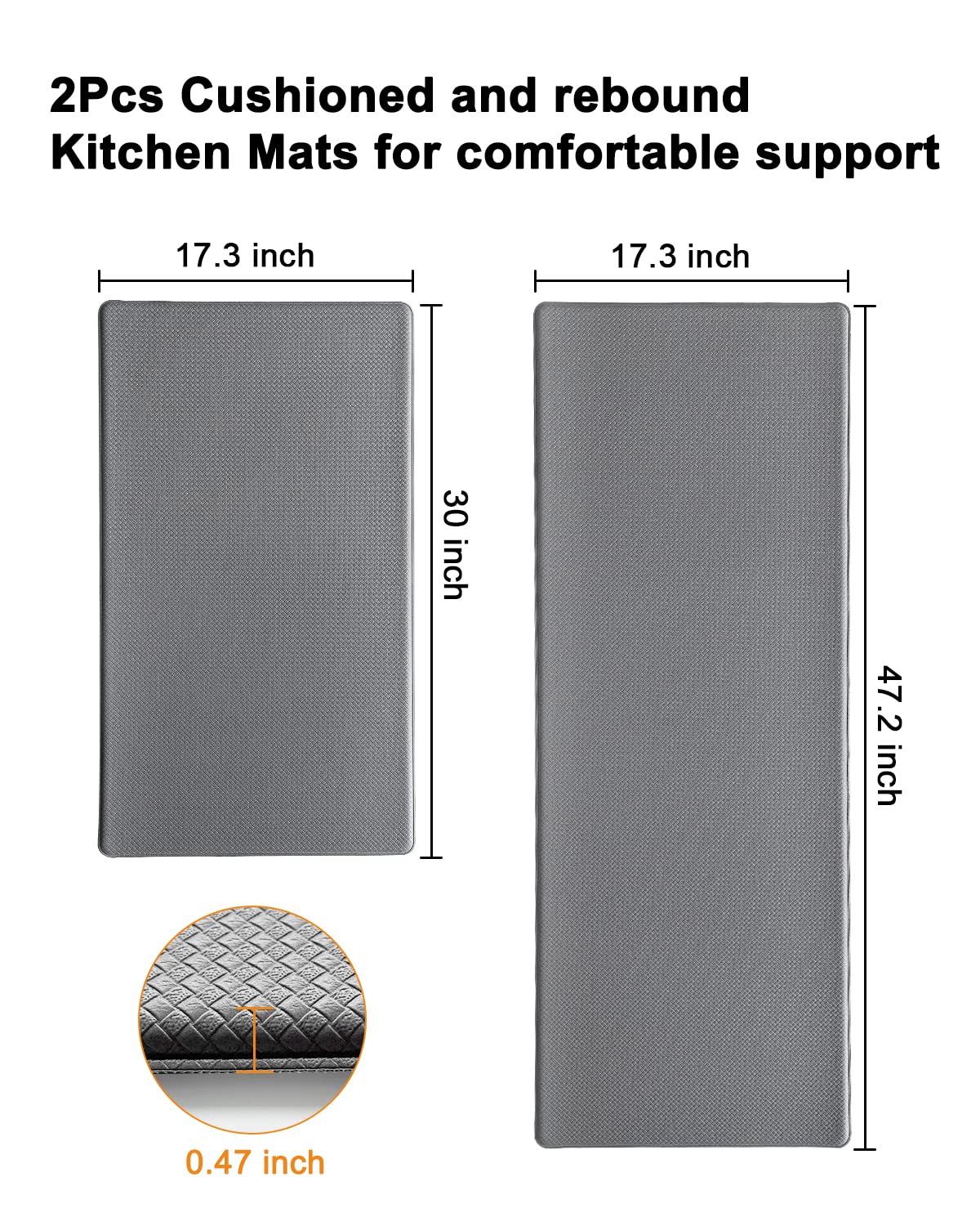 Artnice Anti Fatigue Kitchen Mat Set | 0.47" Thick Memory Foam Rugs, Grey