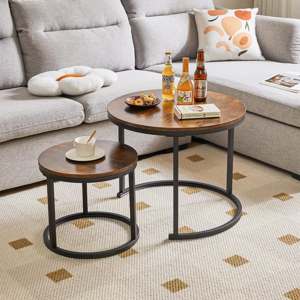 IBUYKE Round Nesting Coffee Table Set of 2 – Rustic Brown Wood & Metal