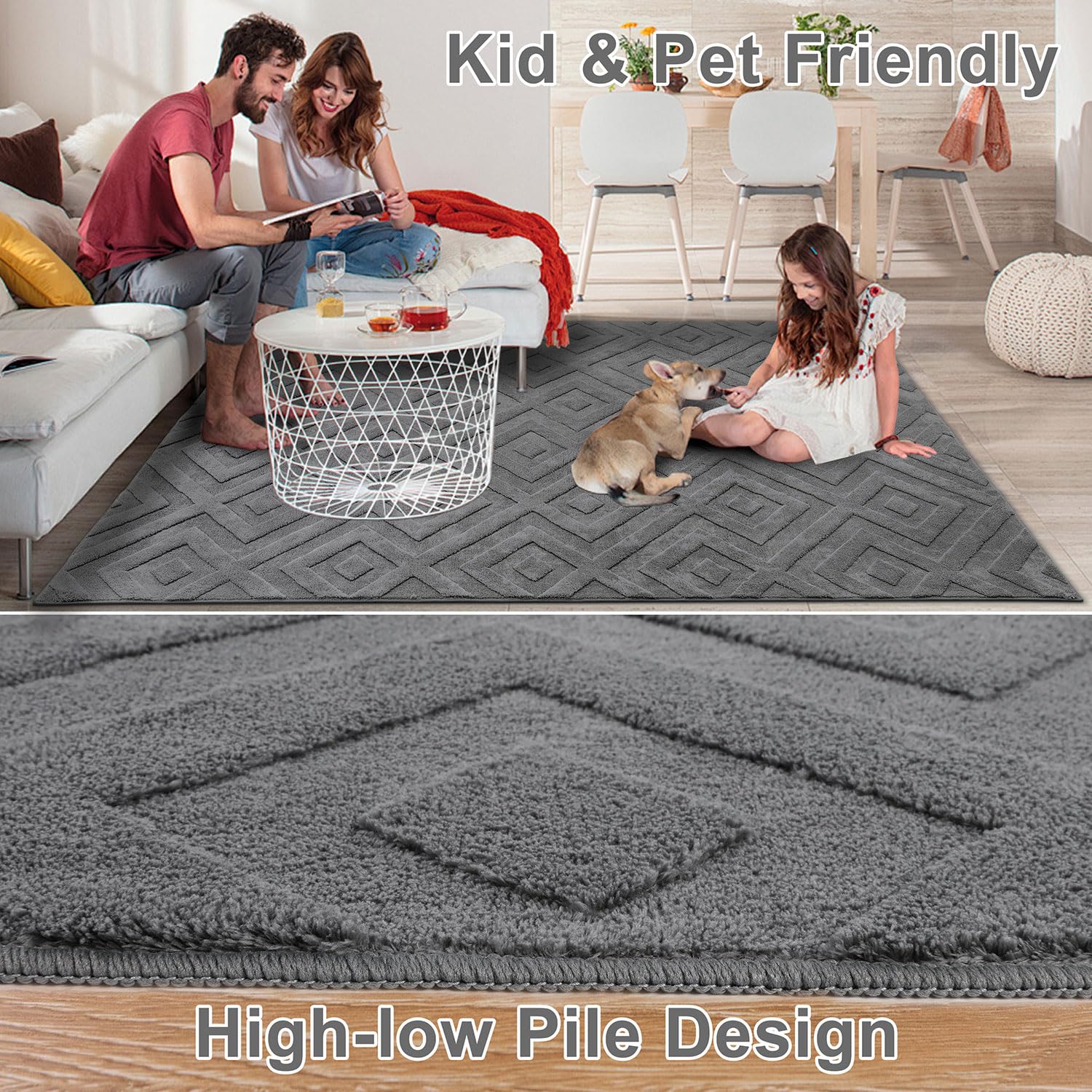SHACOS Washable Grey Area Rug – 120x160cm Soft Shaggy Geometric Carpet