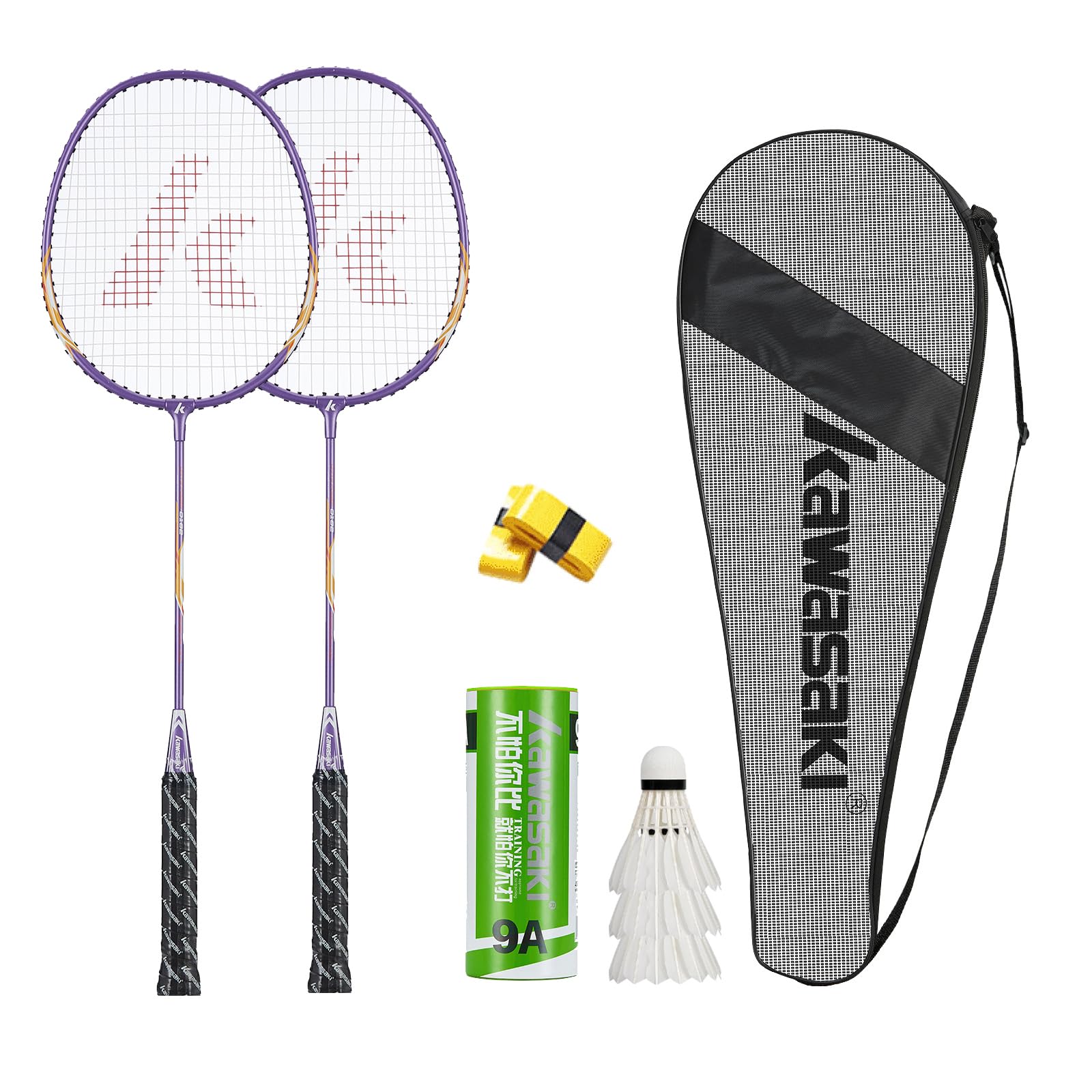 Kawasaki Badminton Racket Set of 2 with Feather Shuttlecocks and Bag