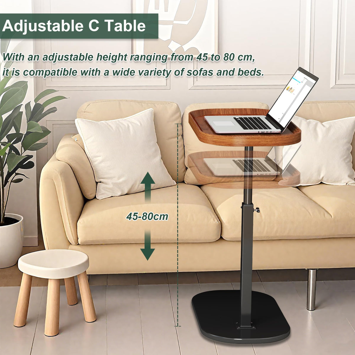 liameya C Shaped Side Table Adjustable Height, 360°Swivel Sofa Table that Slide Under, Modern Small Coffee Table for Couch/Bed/Bathtub - image 3