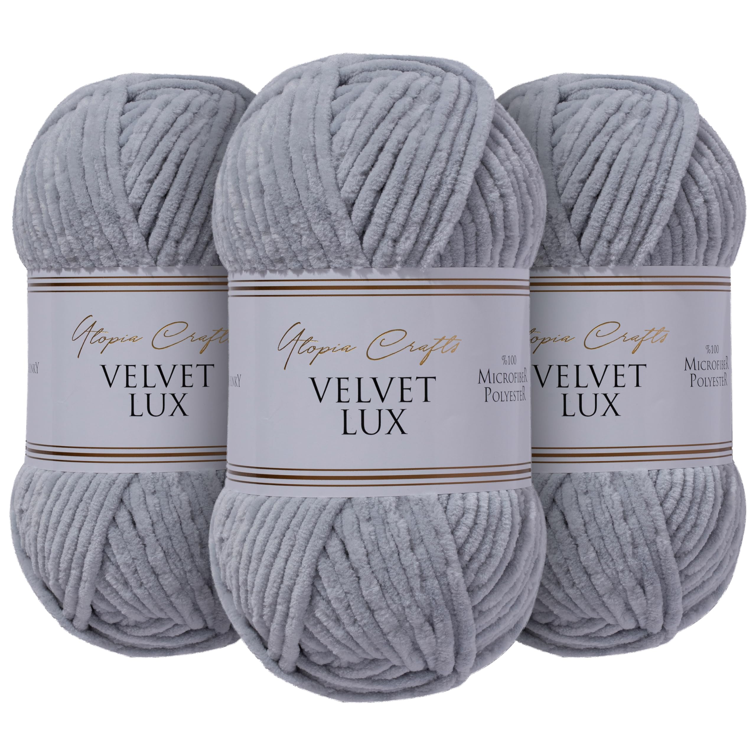 Utopia Crafts Velvet Lux Grey Chenille Chunky Yarn - 3x100g Soft Vegan