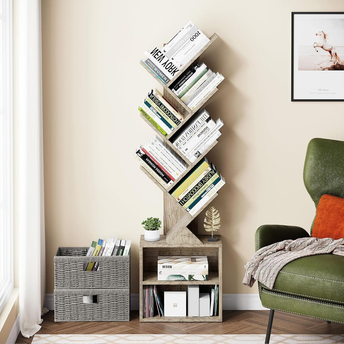 Vagusicc 6 Tier Tree Bookshelf, Modern Floor Standing Bookcase with Storage Drawer, Space Saving Storage Organizer Book Shelves for Books - image 1