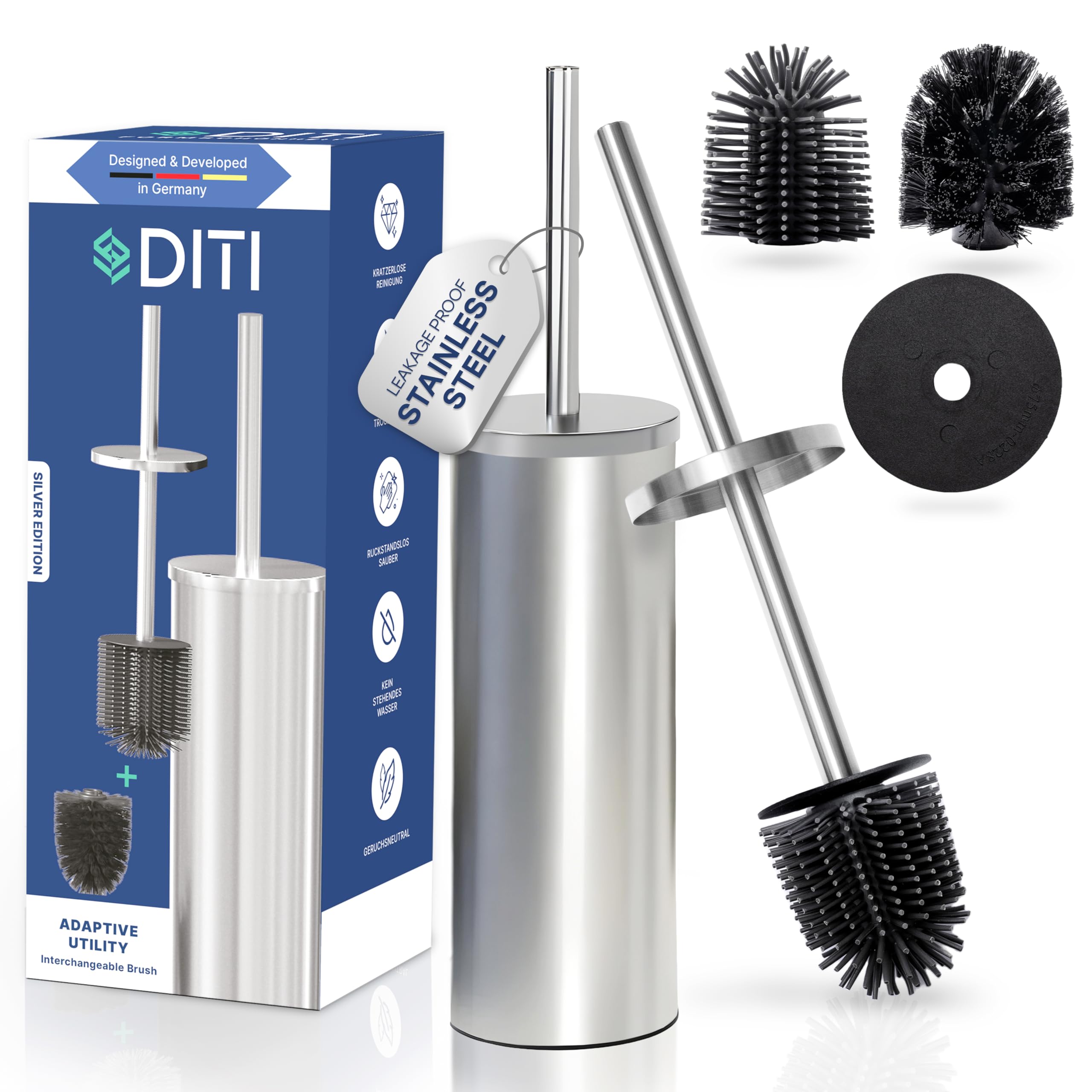 DITI Silicone Toilet Brush with Holder – Stainless Steel & Rustproof