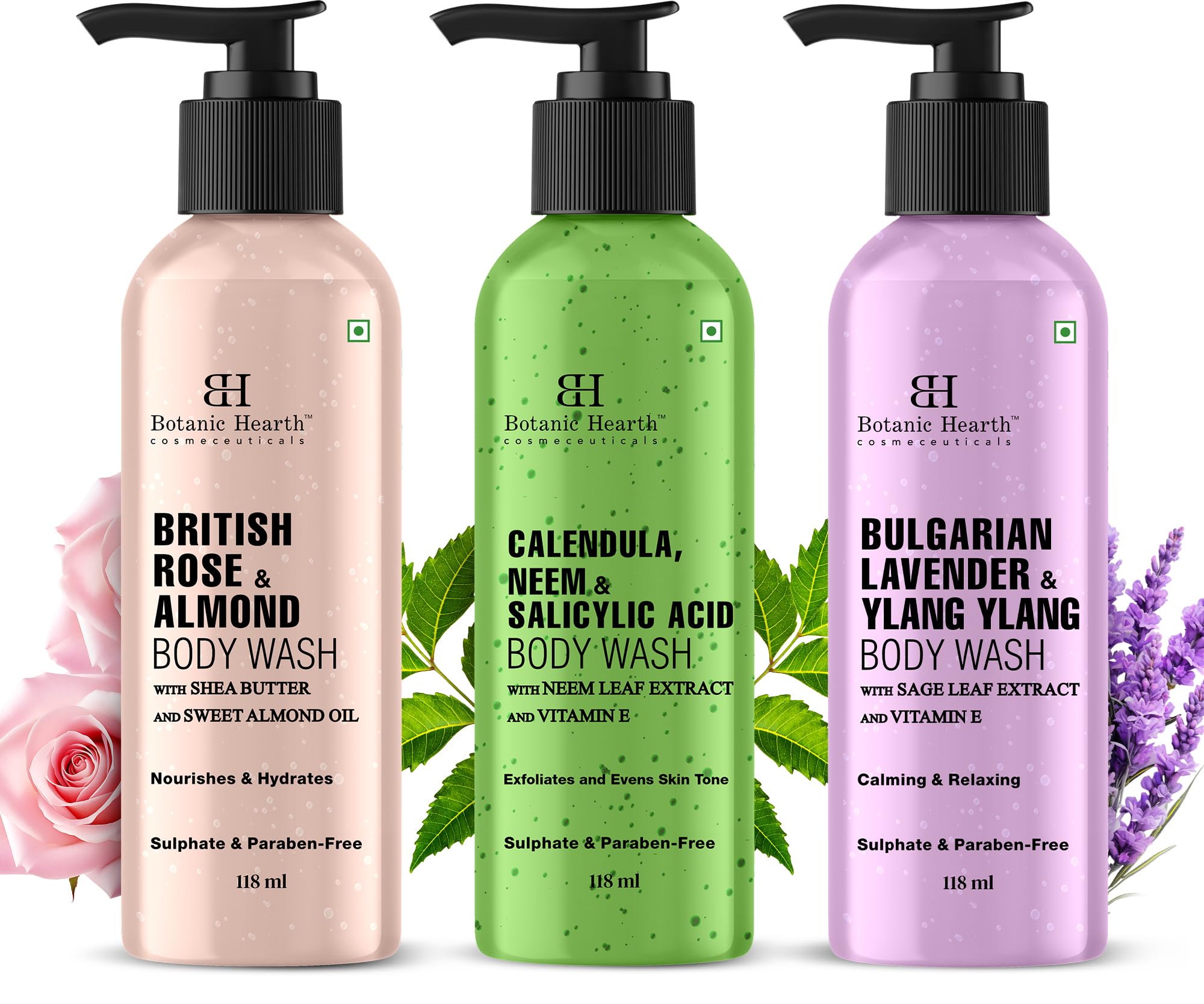 Botanic Hearth Relax & Renew Body Wash Set - Rose, Lavender, Neem (3 Pack)