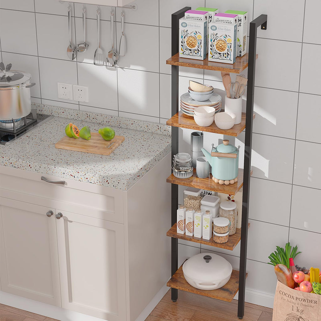 YMYNY 5-Tier Wall Mounted Ladder Shelf – Industrial Metal Bookcase Rack
