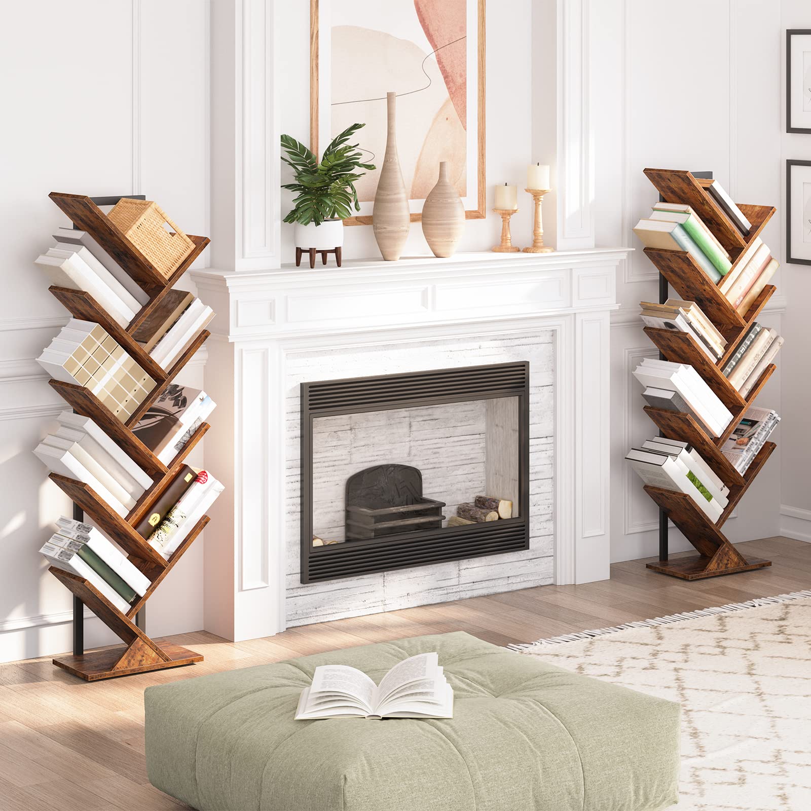 HOOBRO 9-Tier Tree Bookshelf – Industrial Floor Standing Tall Bookcase