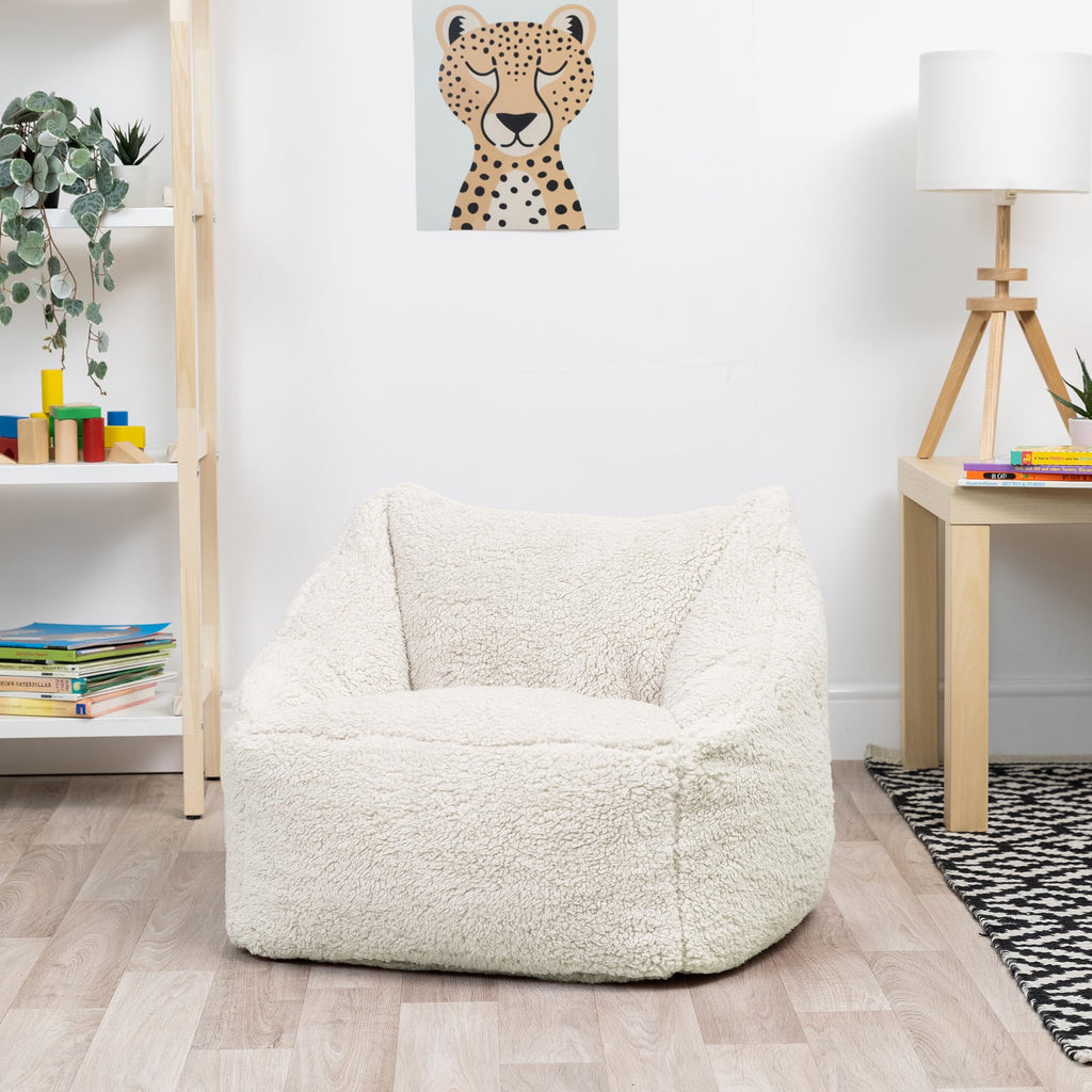 icon Kids Teddy Fleece Bean Bag Chair | Cream Fluffy Toddler Armchair