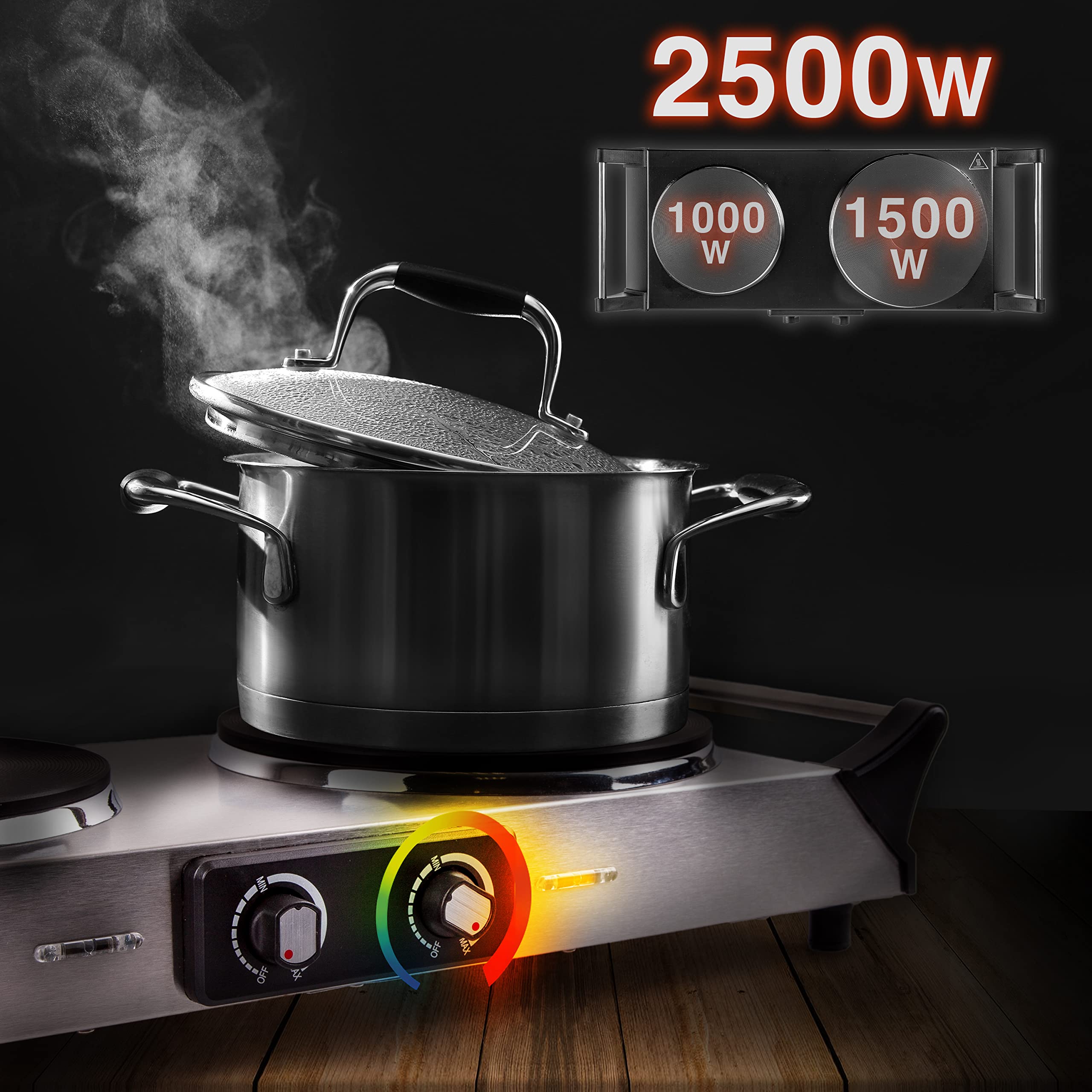 Duronic HP2 SS Electric Double Hot Plate – 2500W Portable Stainless Steel Hob