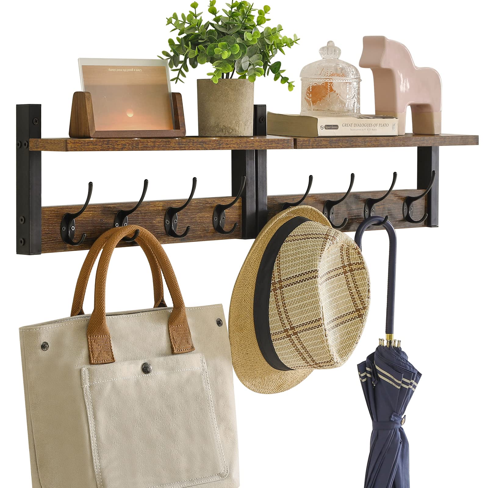 YMYNY Wall Mounted Coat Rack Shelf Set of 2 – Rustic Brown Entryway Hooks