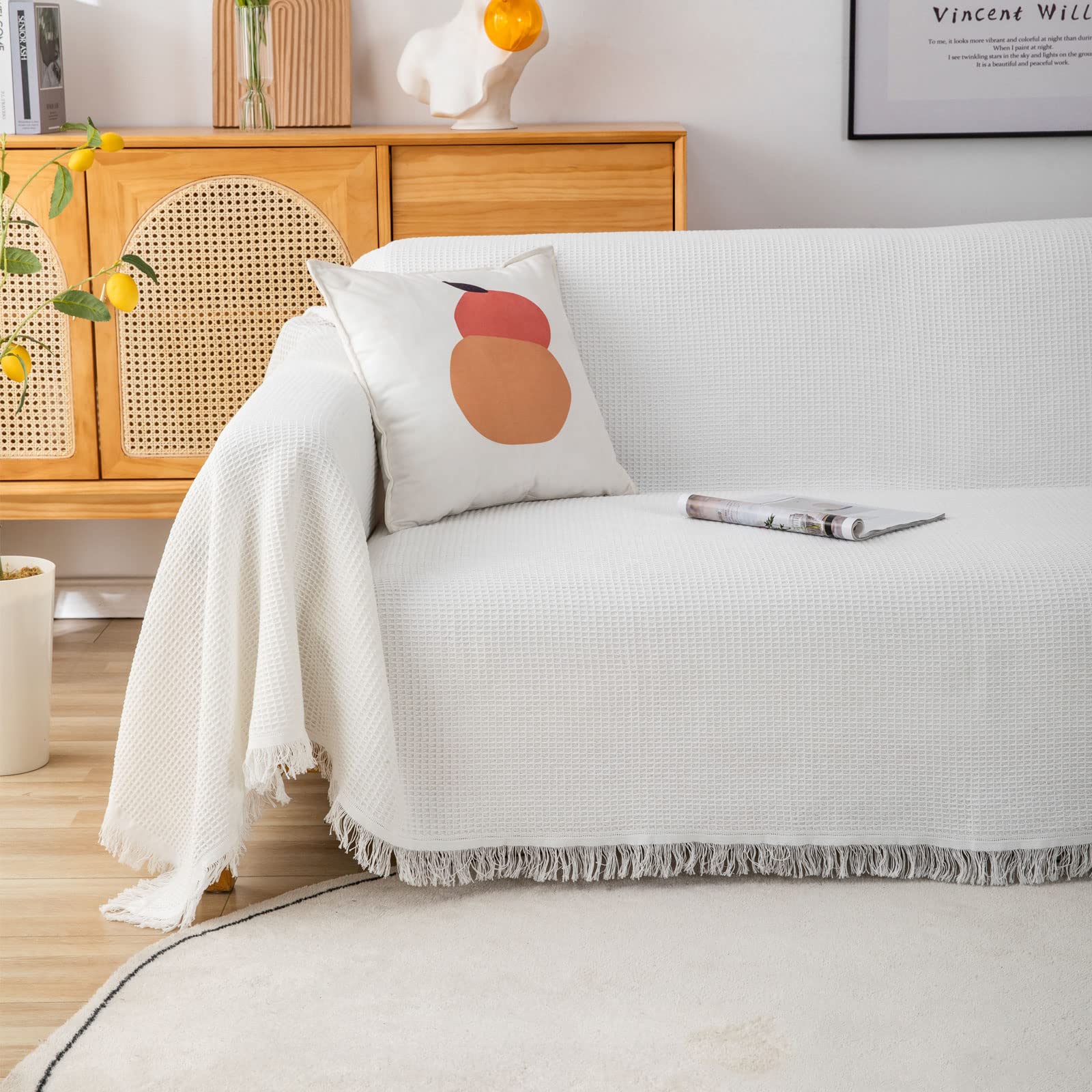 GAOWEI Waffle Sofa Throw – Cotton Couch Cover with Fringe, White 180x300cm