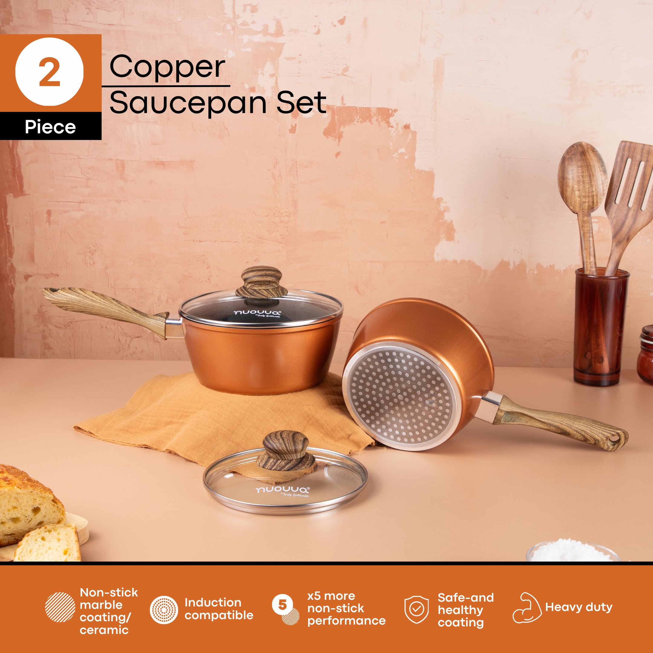 Nuovva 2-Piece Copper Induction Saucepan Set - Non-Stick 16cm & 18cm Pots