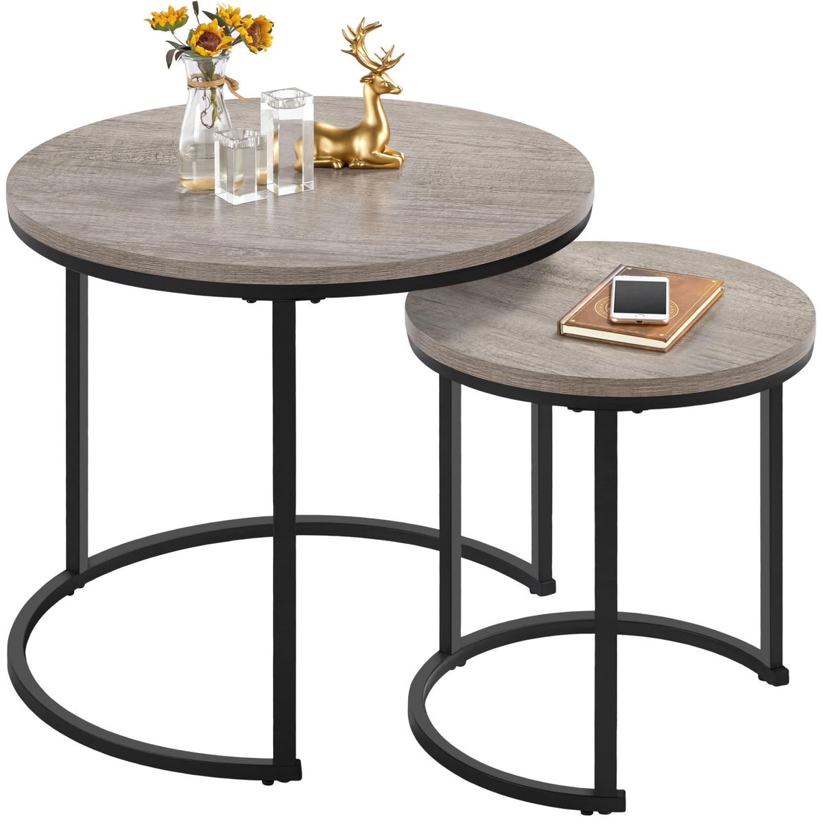 Yaheetech Round Nesting Coffee Tables Set of 2, Grey Wood Effect - image 1