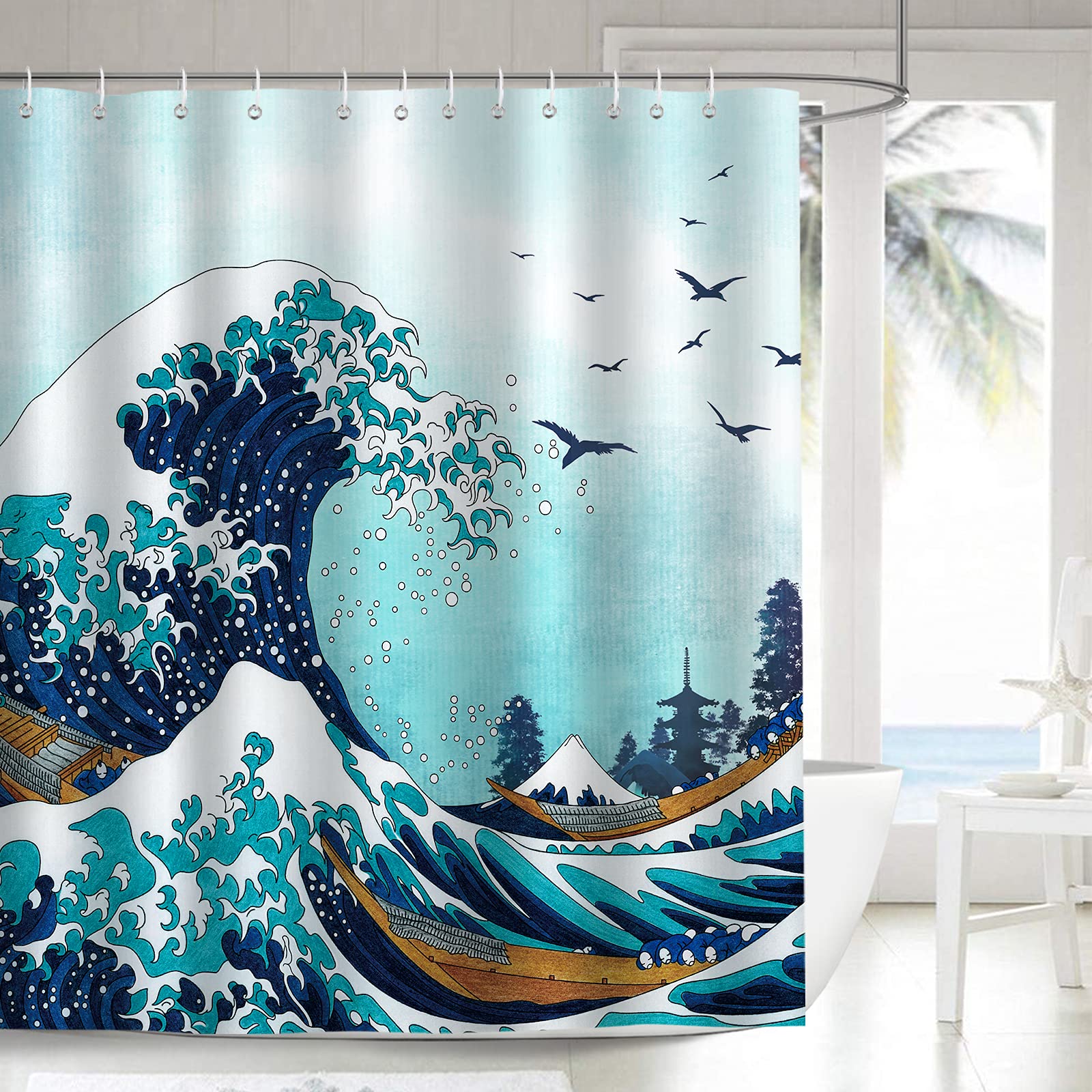 Bonhause Great Wave Shower Curtain | Japanese Ocean Waves Polyester