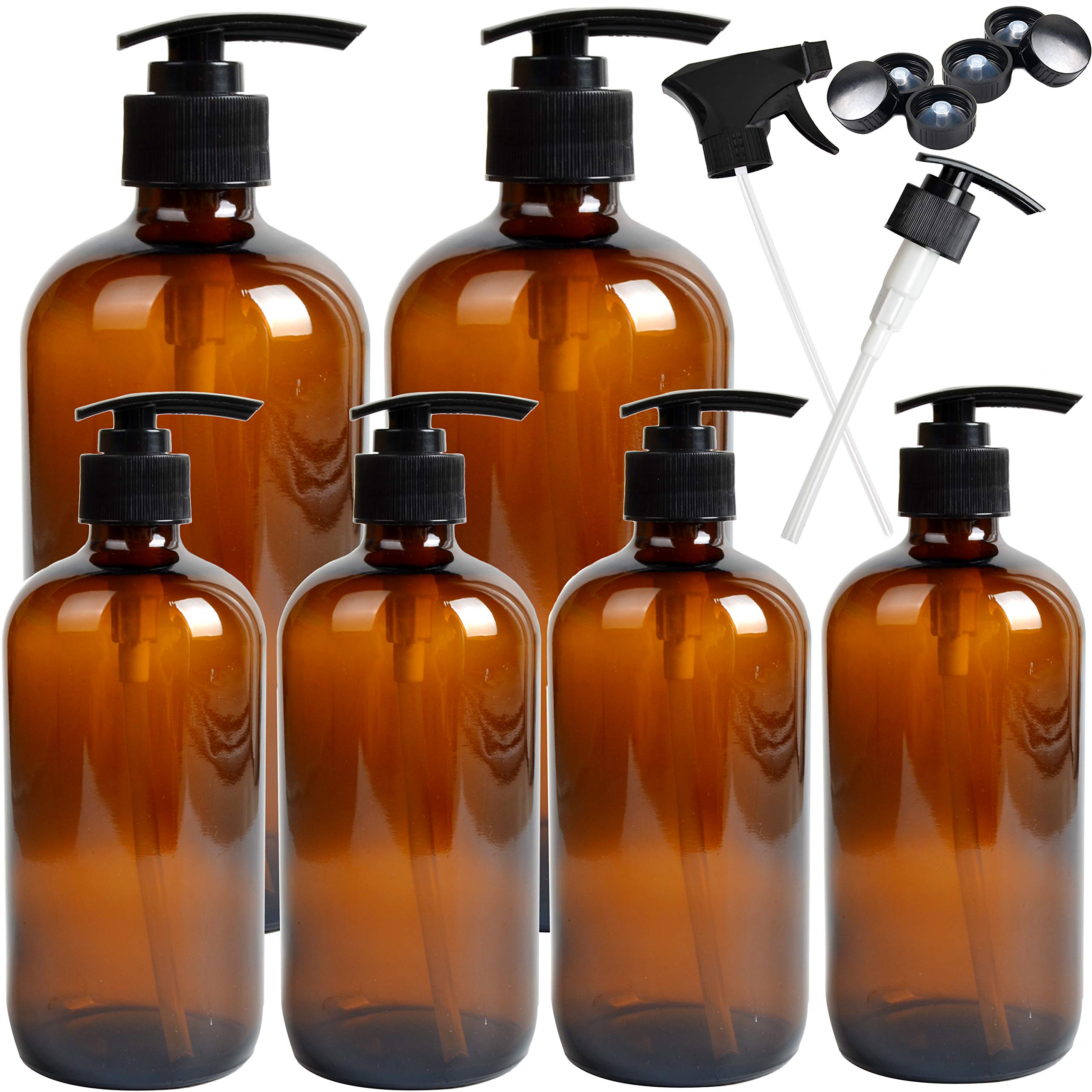Youngever Amber Glass Pump Bottles - 6 Pack Refillable Containers