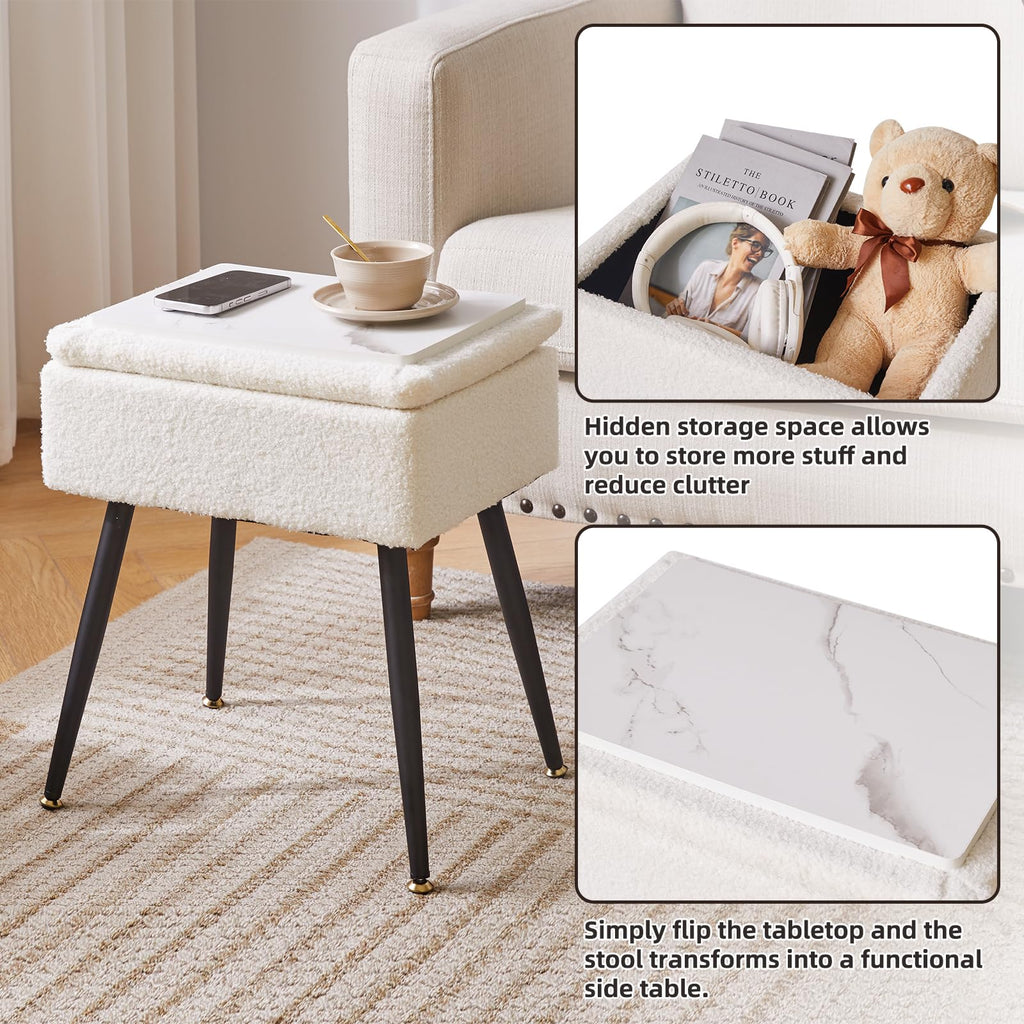 Aibiju Rectangular Vanity Stool with Storage | Faux Teddy Fur Makeup Seat