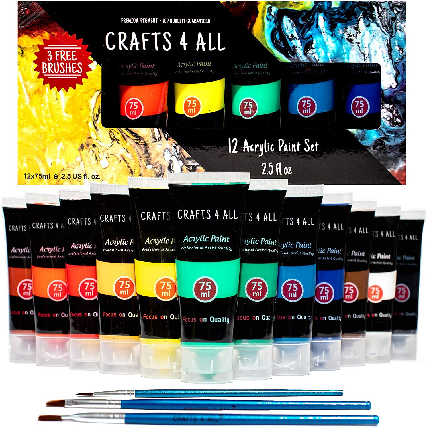Crafts 4 ALL Large Acrylic Paint Set - 12 Colors (75ml) with 3 Brushes