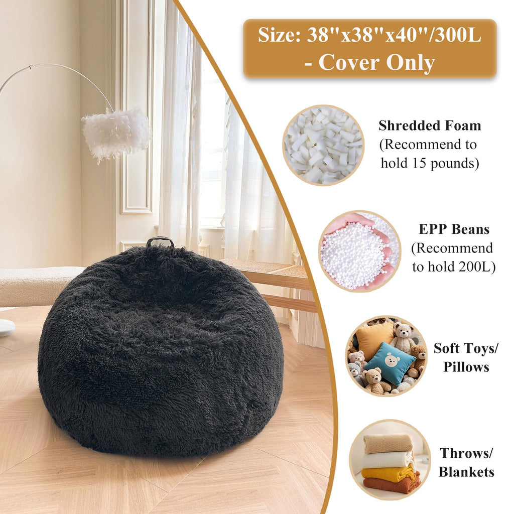 XeGe Fluffy Stuffed Animal Storage Bean Bag CoverNo Filler, Dark Grey - image 3
