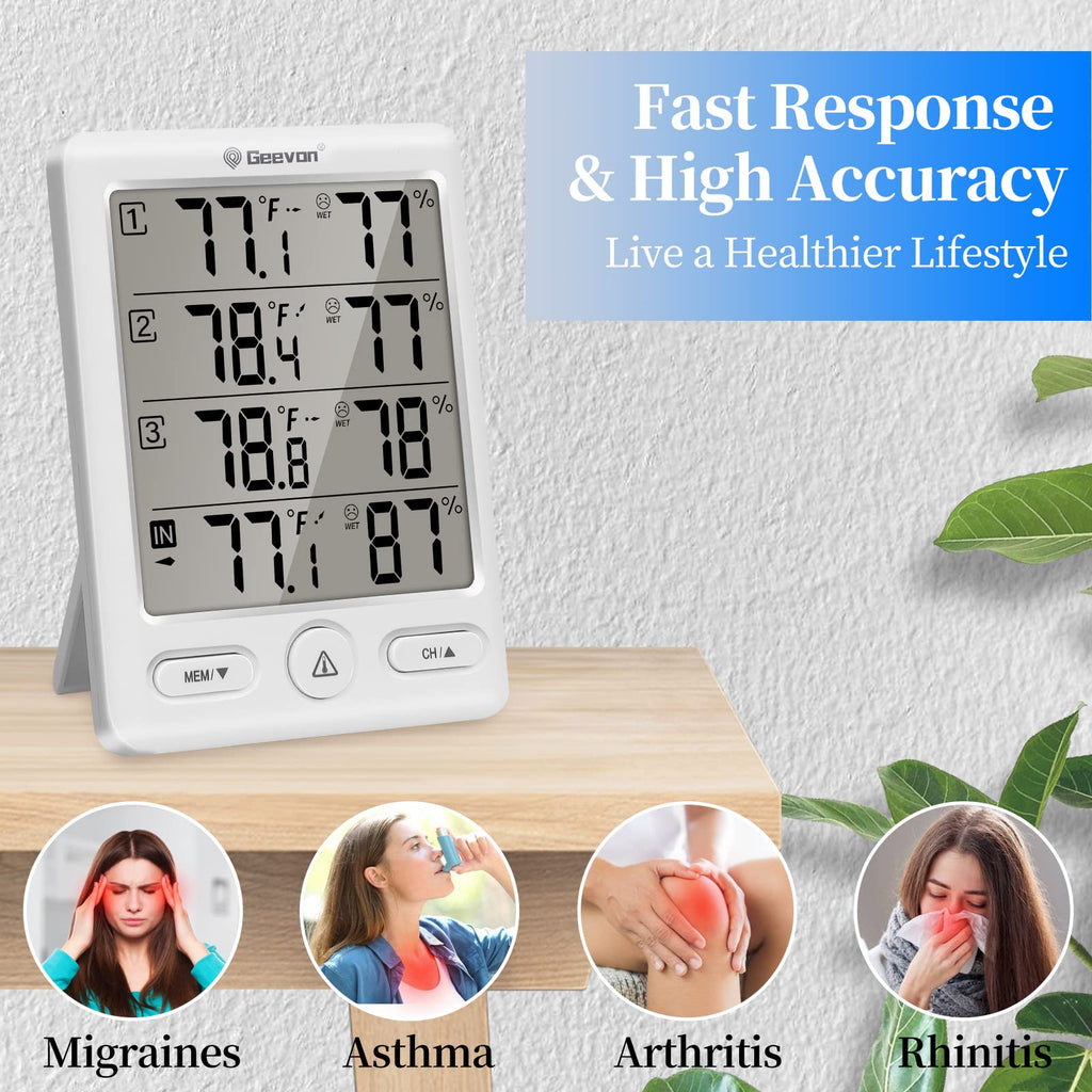 Geevon Wireless Indoor Outdoor Thermometer with 3 Remote Sensors & Hygrometer