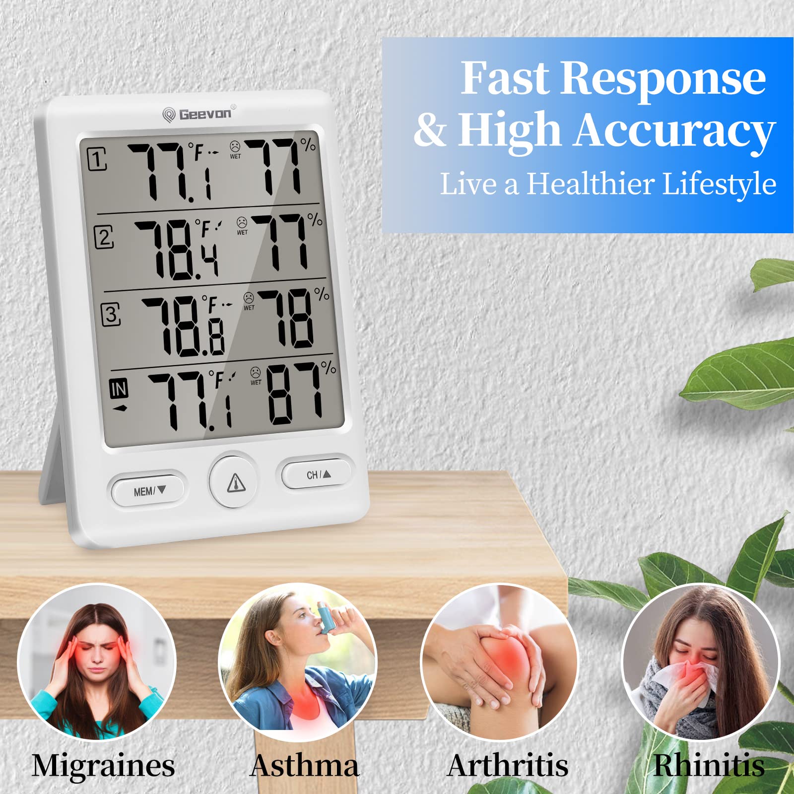 Geevon Wireless Indoor Outdoor Thermometer with 3 Remote Sensors & Hygrometer