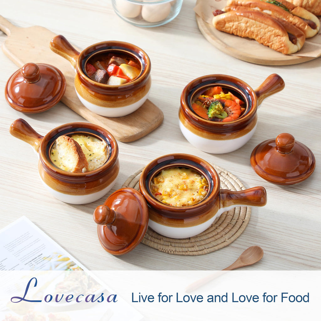 LOVECASA 16 oz French Onion Soup Crocks with Lids - Porcelain Set of 4