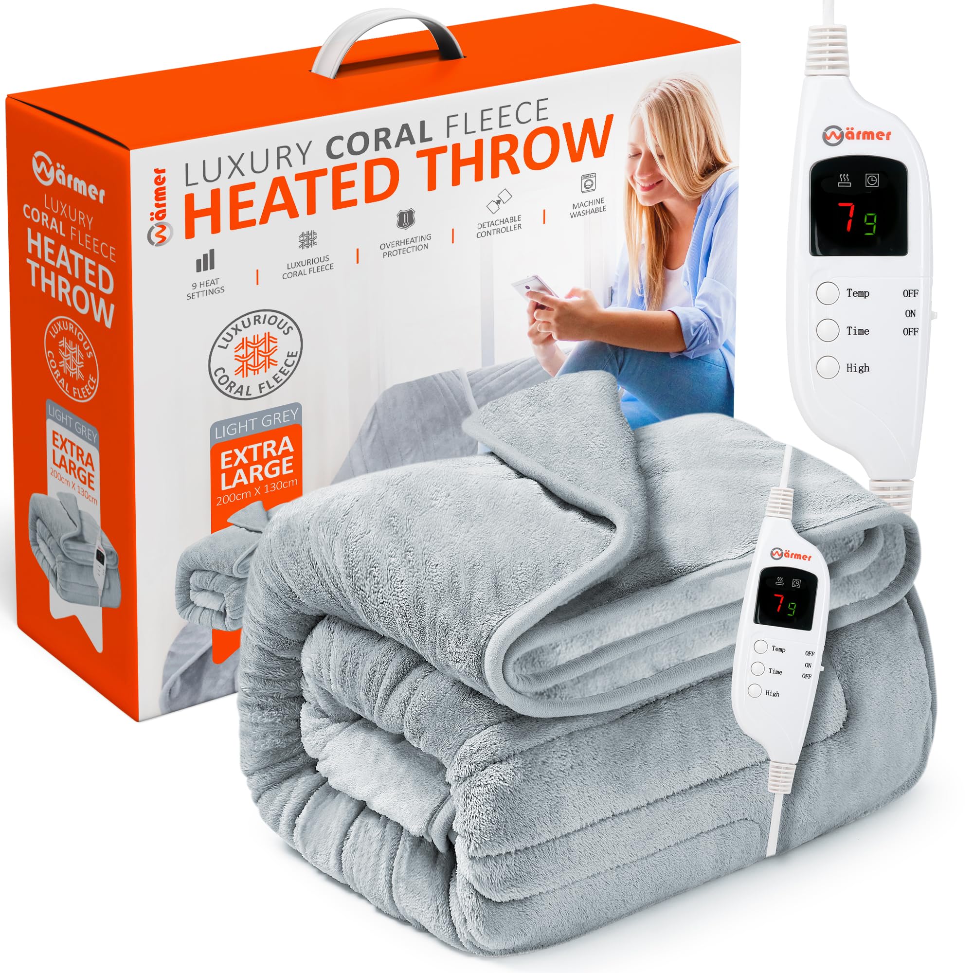 Wärmer Electric Heated Throw Blanket – Extra Large 200x130cm Light Grey