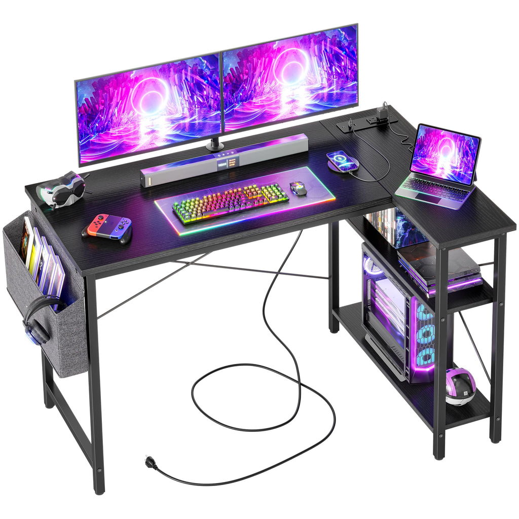 BEXEVUE L-Shaped Gaming Desk with Power Outlets & Shelves - 120cm Black