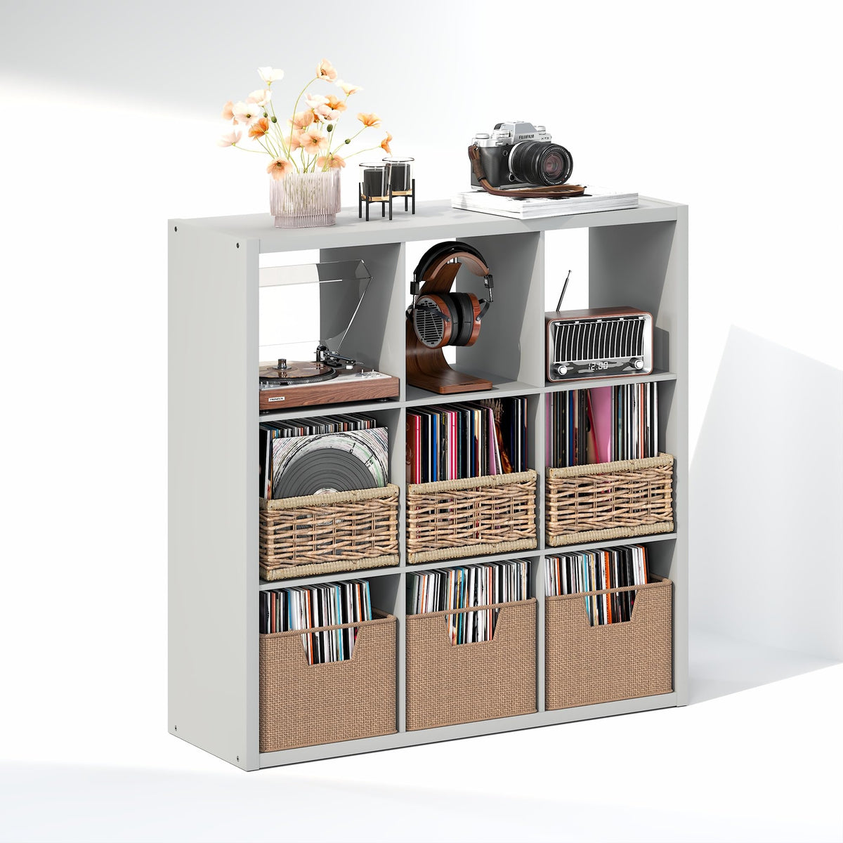 Furinno CUBICLE Record Player Stand with Vinyl Storage, 9-Cube 1.2 Extra Thick Vinyl Record Storage - image 2