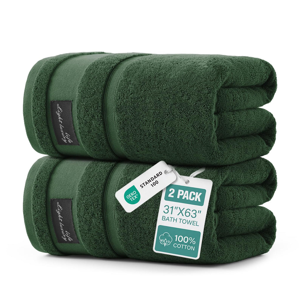 REDKISS 2-pack Dark Green Large Bath Towels-160 x 80CM Cotton Luxury Towel