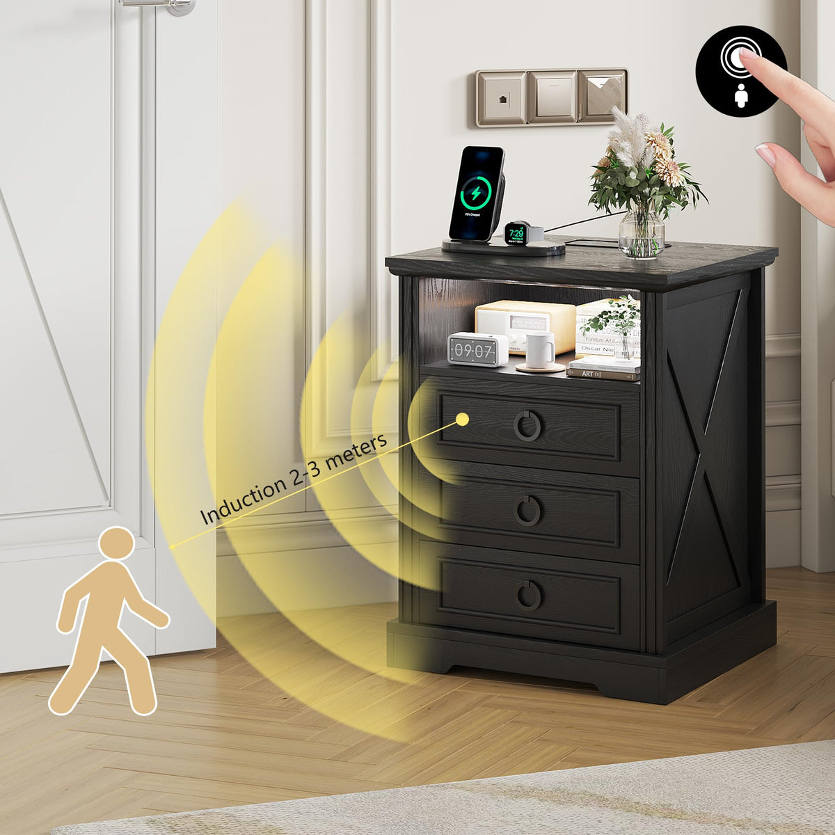 FREDEES LED Bedside Table with Charging Station, Black - image 4