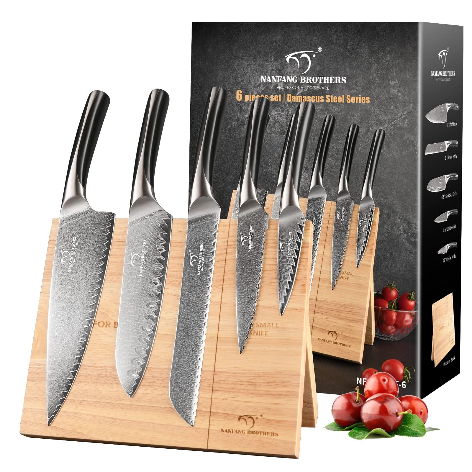 Nanfang Brothers 6-Piece Damascus Steel Knife Set with Magnetic Block